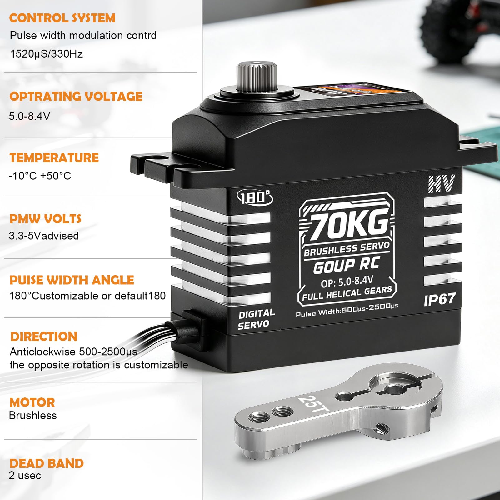 Servo di sterzo digitale in metallo, 70 kg, 7,4 V, per 1/8 1/10 1