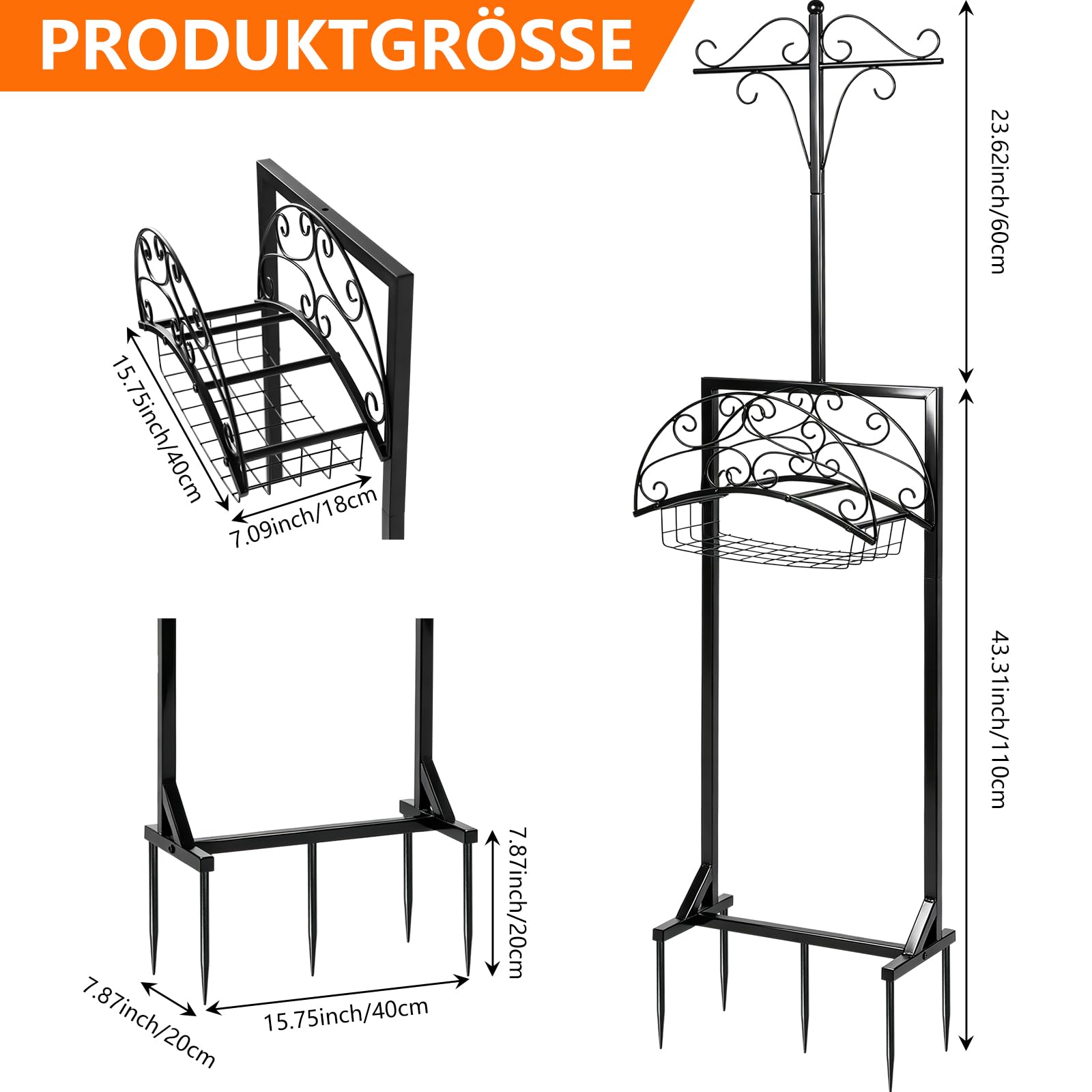 BILIONE Support de tuyau d'arrosage autoportant Heavy Duty avec 5 piquets et 2 crochets de berger pour tuyau de 45 m, support de tuyau d'eau amovible pour extérieur, jardin, pelouse