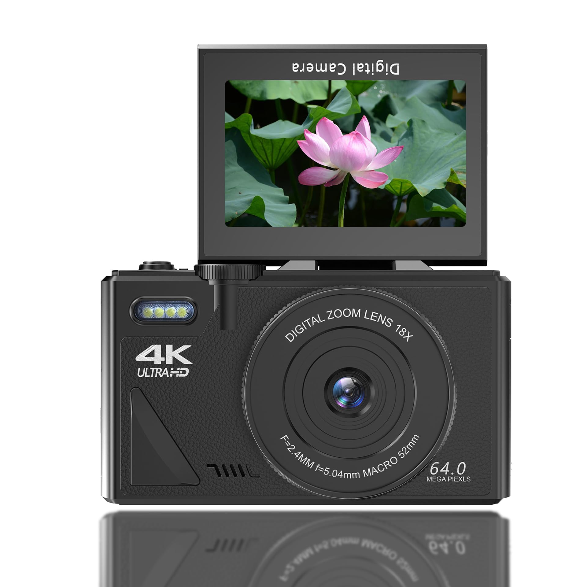 Cámara Digital, Cámara de Vlogging UHD 4K con Enfoque Automático con Pantalla Abatible de 3 Pulgadas, Cámara de Vídeo Antivibración con Zoom Digital de 75MP 18X, Cámara de Viaje