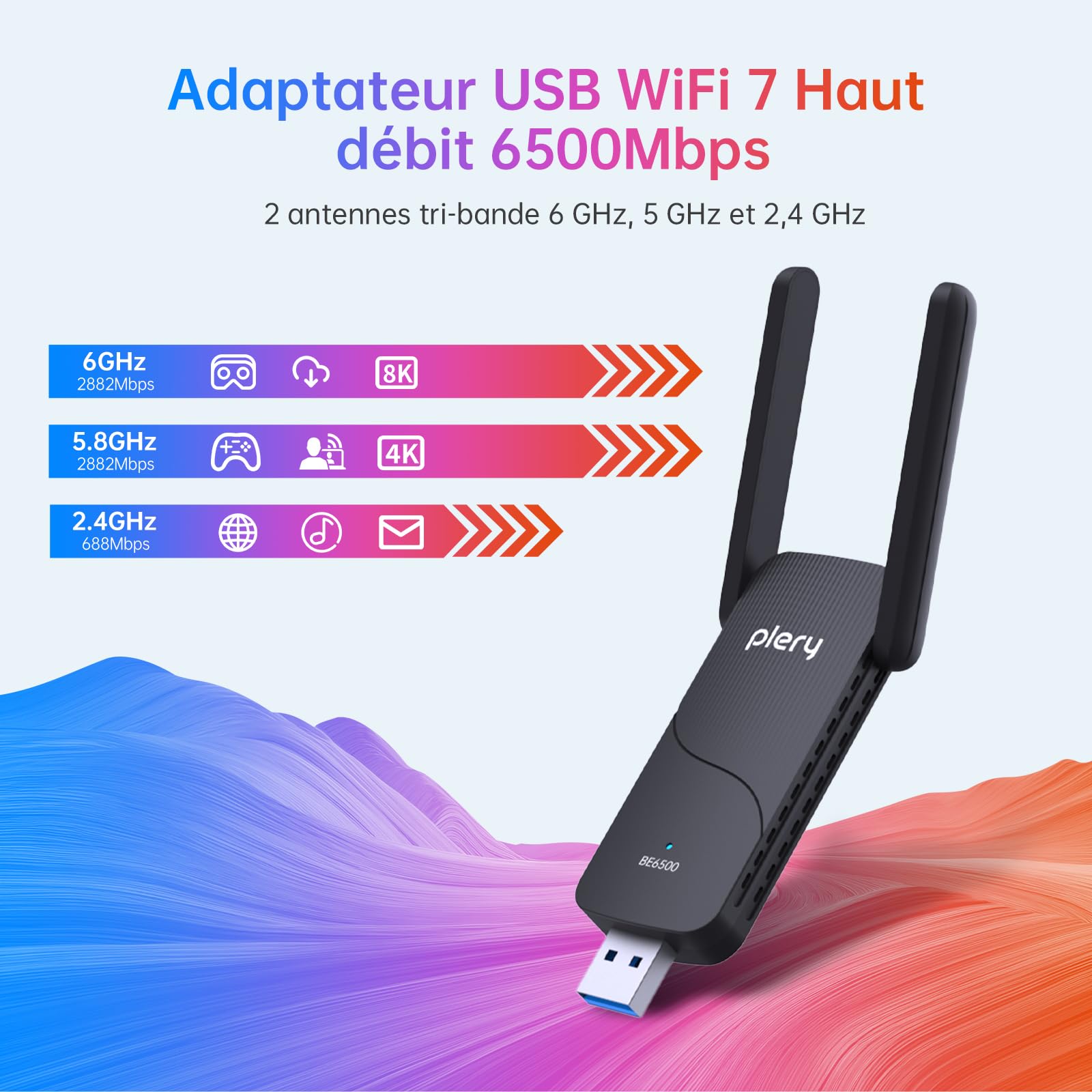 BE6500 Clé WiFi 7 Puissante Adaptateur Réseau sans Fil pour PC Tri-Bande 6GHz 5GHz 2.4GHz USB Longue Portée Antenne à Gain Élevé Dongle Réseau Pilote Intégré Compatible avec Windows 11/10, WPA3