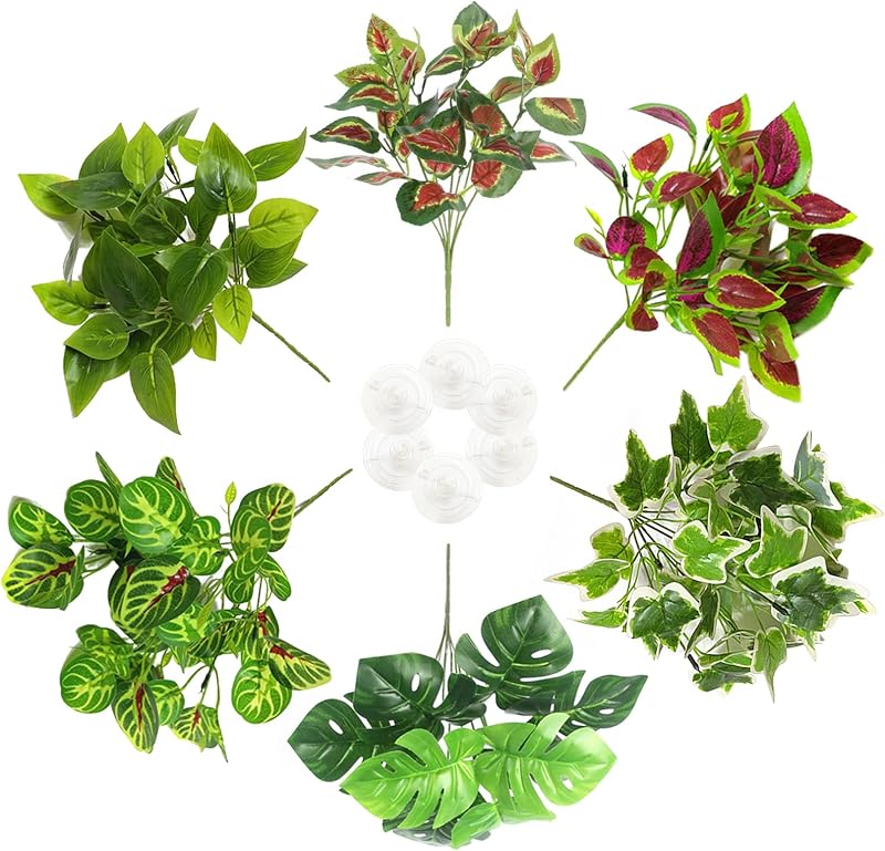 Plantas artificiais suspensas para terrário com ventosas PINVNBY, decoração plástica para répteis e anfíbios, pacote com 6