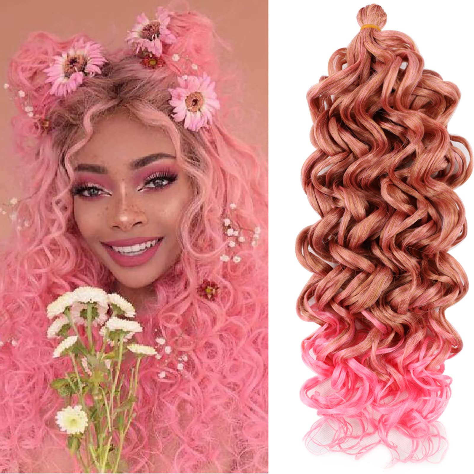 ExceforeOcean Wave Crochet Hair, 5 Pcs 20 Inch Hawaii Curly Braiding Hair,Goddess Locs Crochet Hair, Boho Style Hair Extensions, Pink