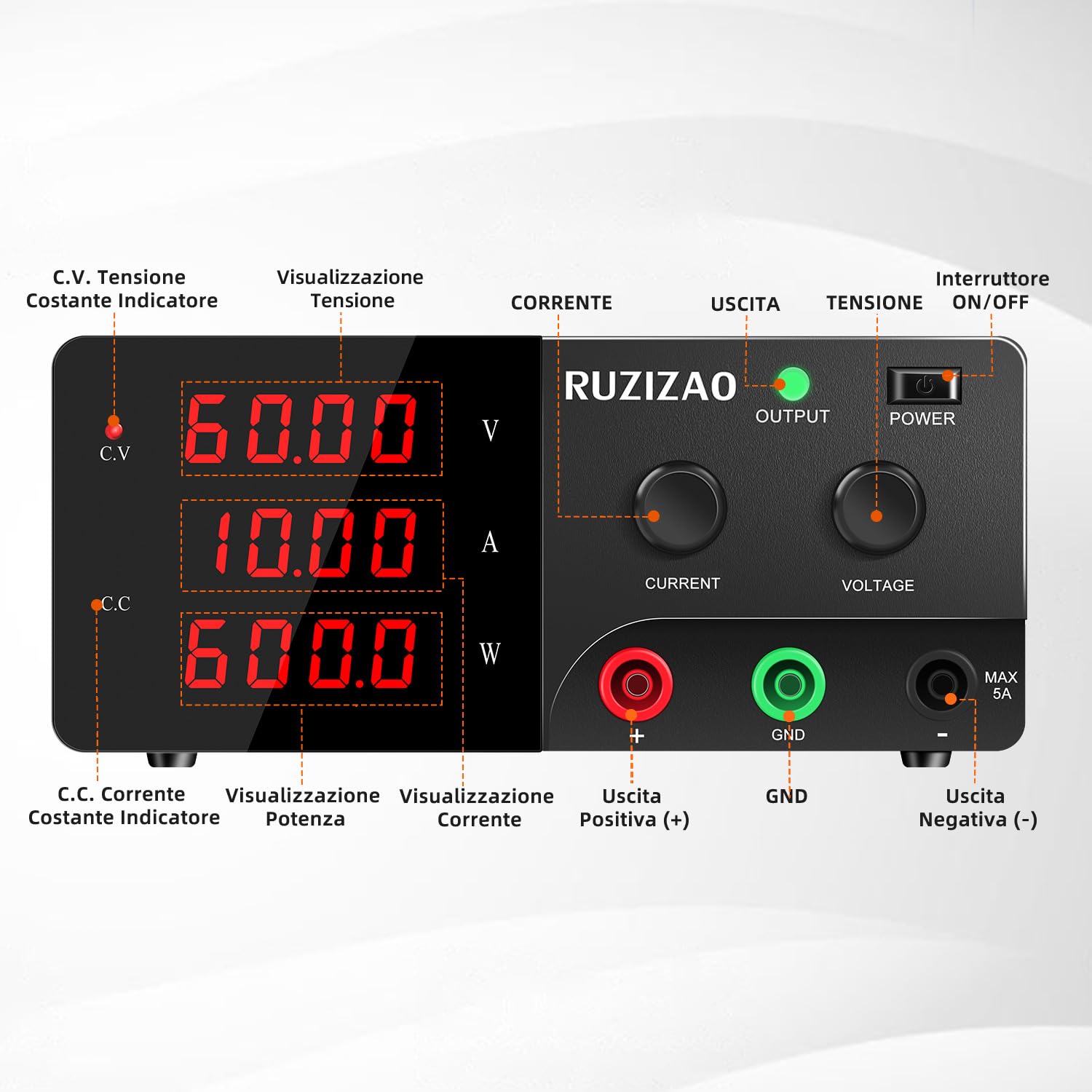 Alimentatore da Banco 60V 10A 600W Alta Potenza Alimentatore da Laboratorio Regolabile con OUTPUT/Encoder, Alimentatore Stabilizzato con Display LED a 4 Cifre e Uscita Stabile per Elettronica