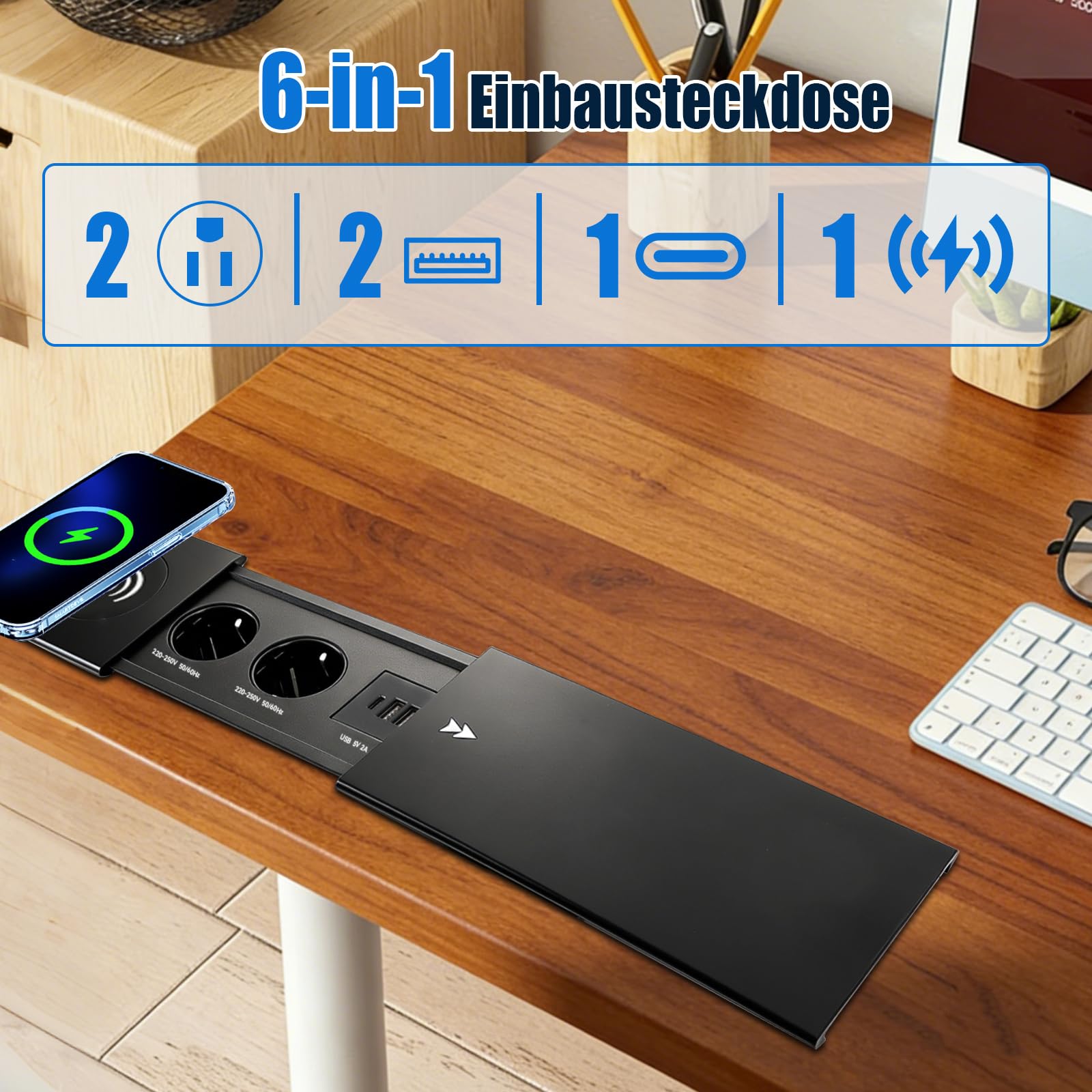 Ciabatta elettrica da incasso, 2 prese, a scomparsa, con caricatore wireless da 15 W, e USB-C, presa a scomparsa con coperchio scorrevole per scrivania, divano, tavolo da conferenze