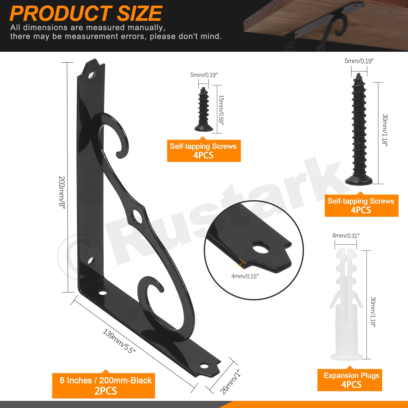 Rustark 2 Pack 8 Inch Black Decorative Shelf Brackets Heavy Duty Wall Mount L Shape Steel Metal Shelf Supporter Triangle Shelf Brackets with Screws for Home Office Easy Assembly - Image 2