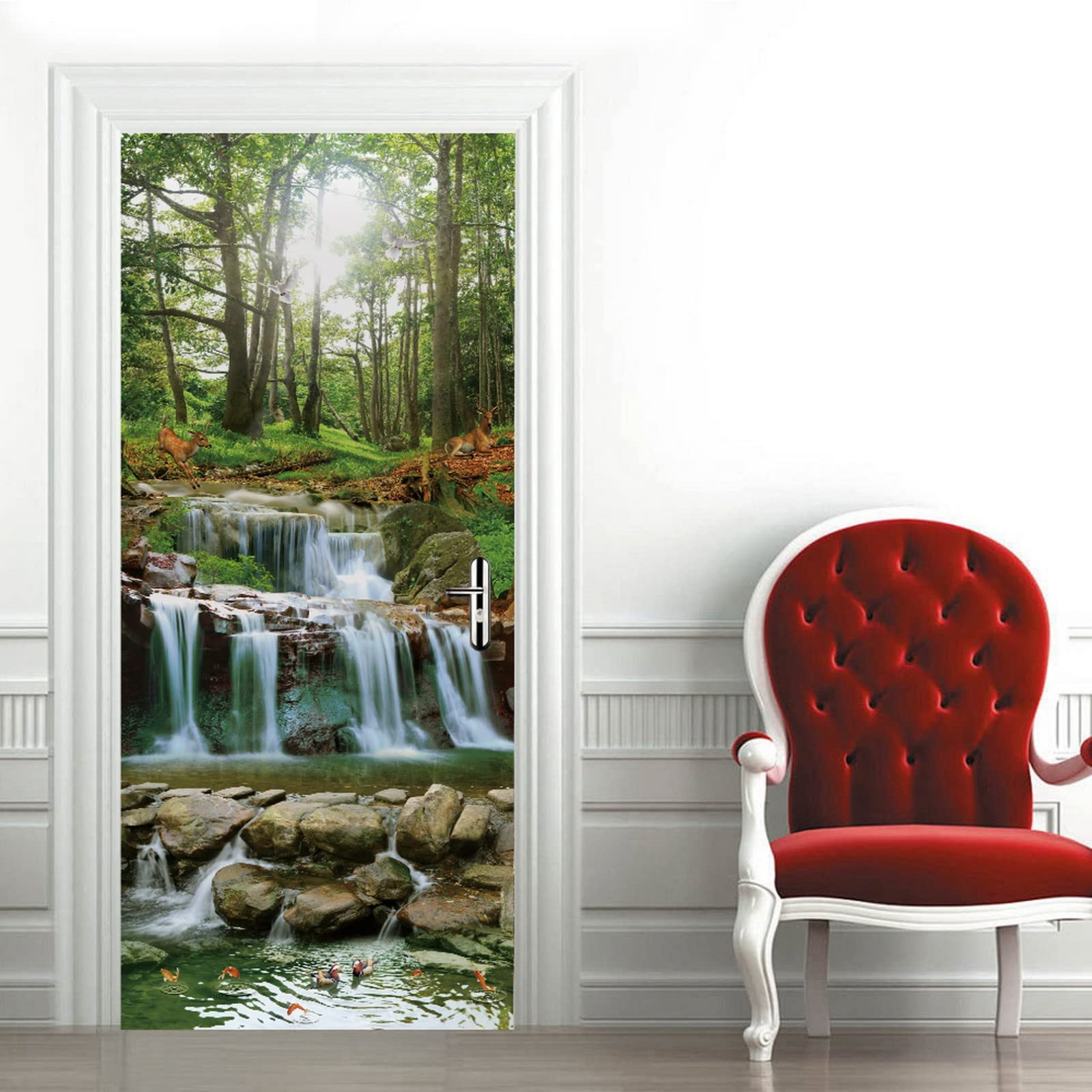 A.Monamour Pegatinas de Puerta Autoadhesivo 3D Cascada Cascada En El Bosque Con La Luz Del Sol A Través De Los Árboles Paisajes Naturales Vinilo para Puertas Mural PVC Pared Foto Poster 95 x 215 cm