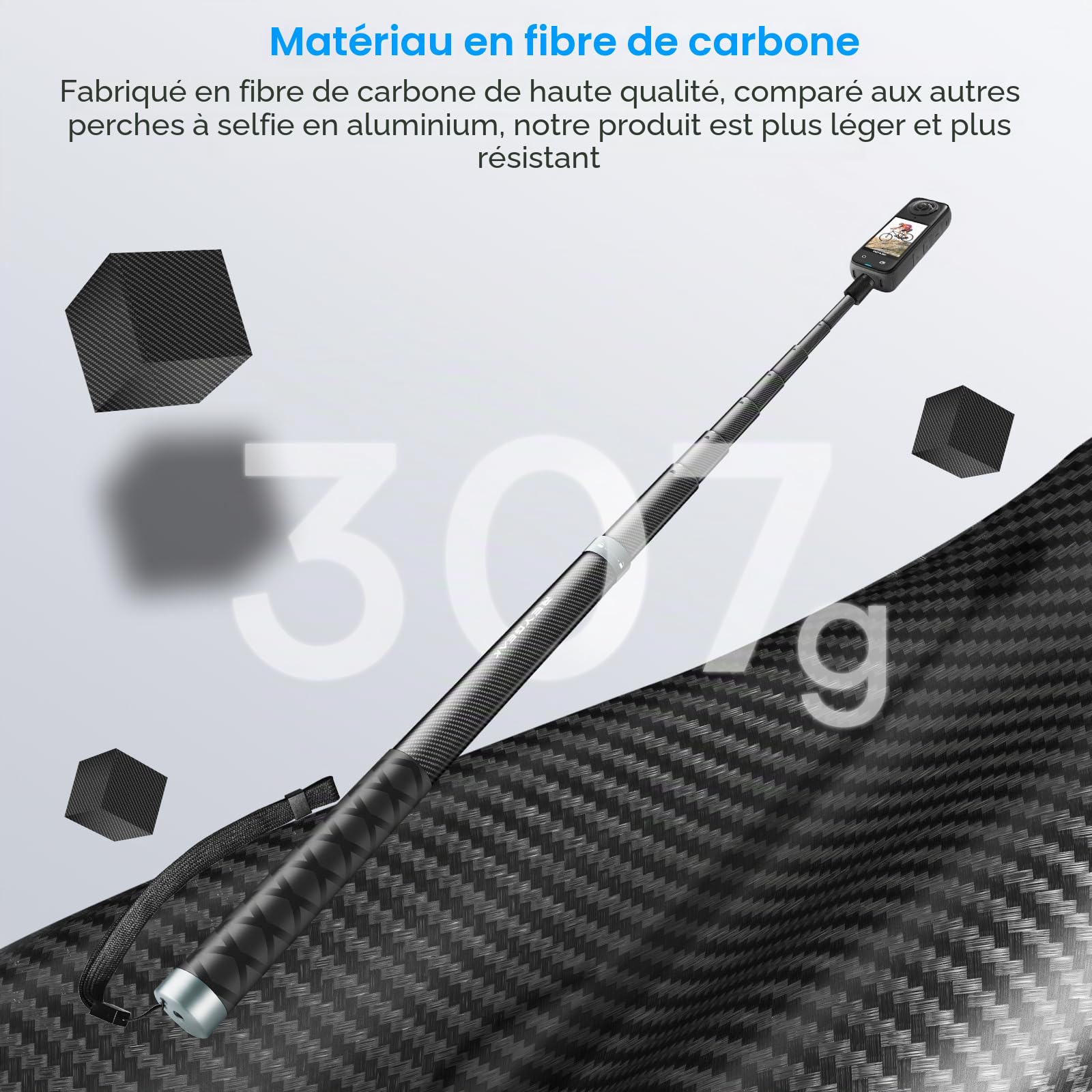 REYGEAK 300cm / 118 "Extended Selfie Rod pour insta360 X4, 7 Pieds Extra Long Invisible Selfie Rod avec 1/4 vis Fibre de Carbone Étanche Extension Monopode pour inst360 X4 / X3 /X2 / One