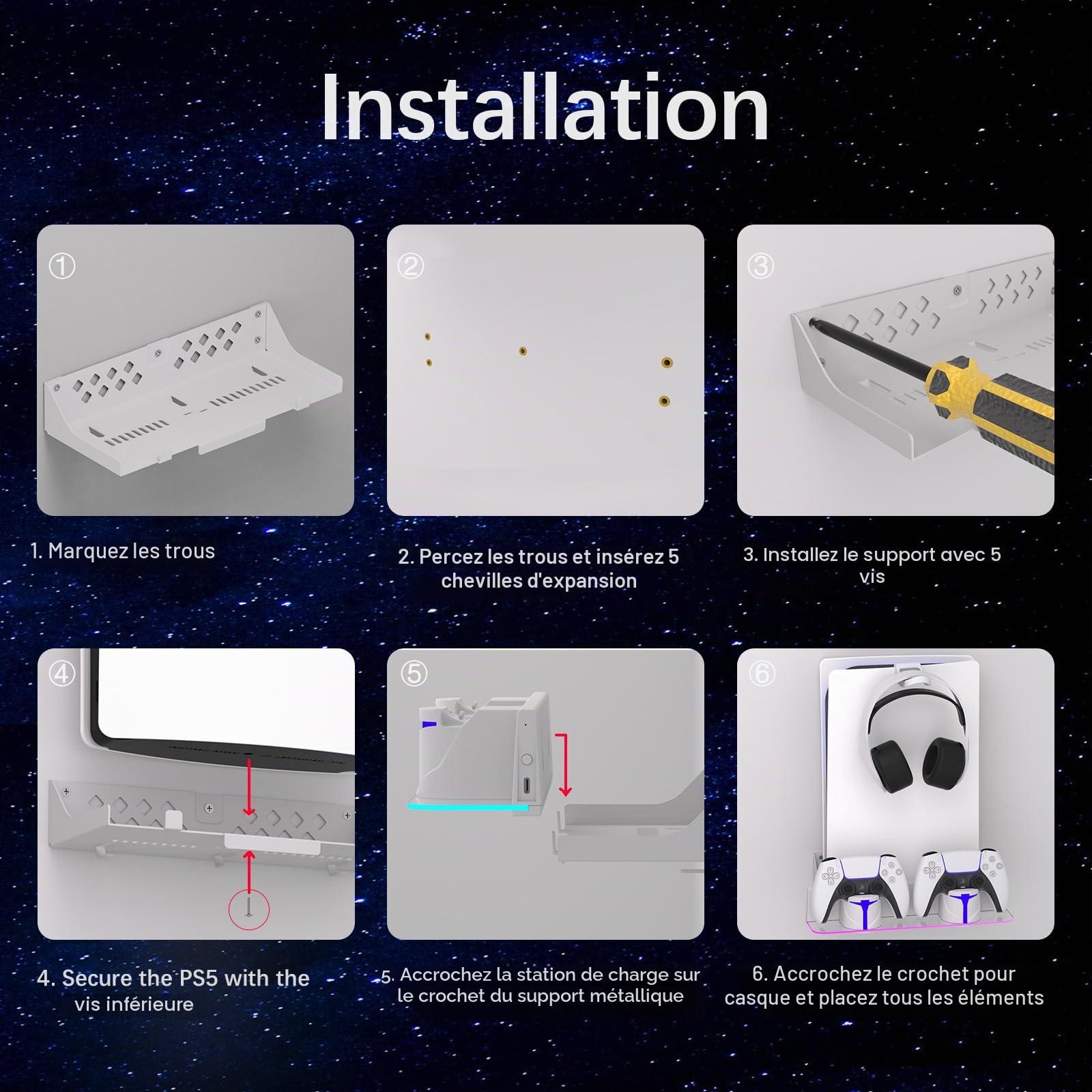 Hosanwell Support Mural pour PS5/PS5 Slim/PS5 Pro Console avec Station de Chargement avec Lumière RGB Multimode, Support Mural Compatible avec PS5 Disc & Digital Version