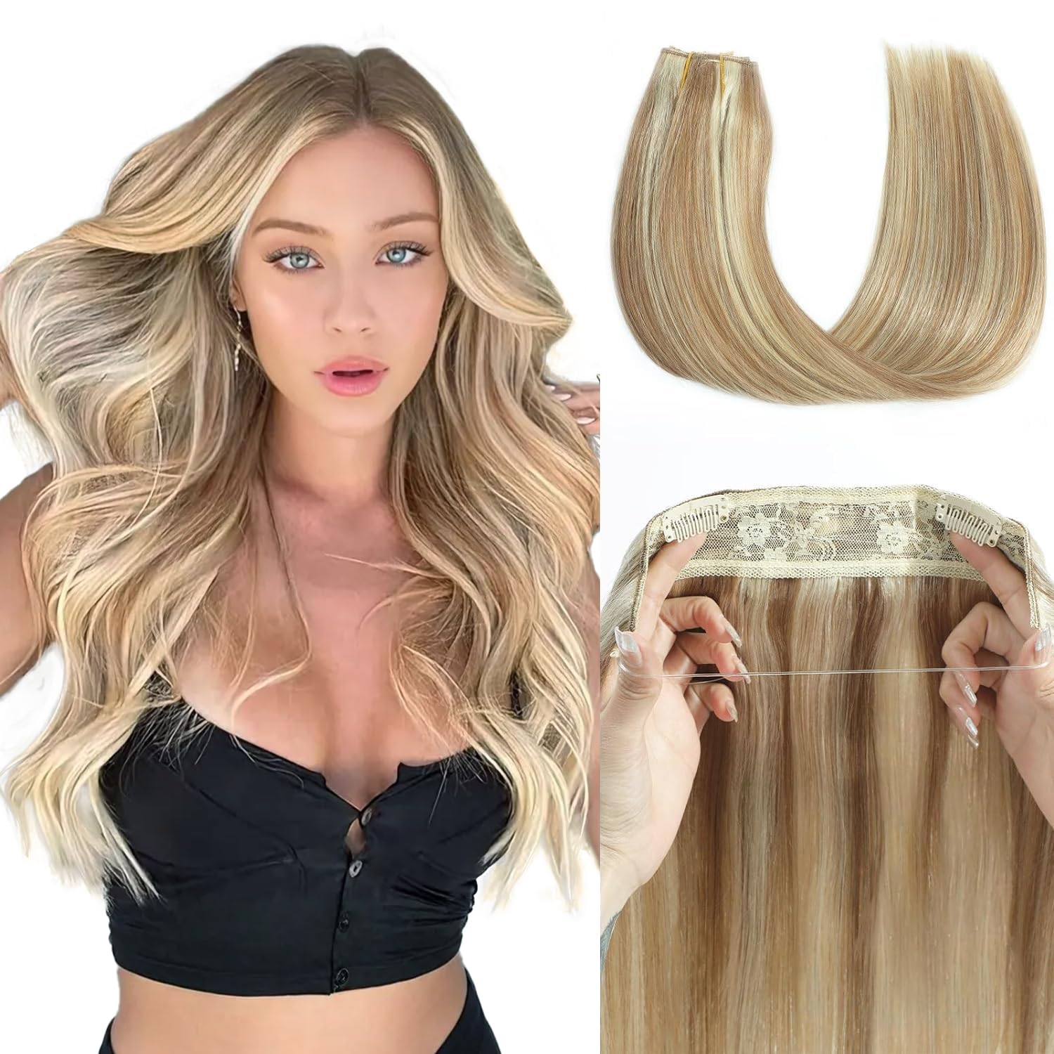 Tinashe Wire Hair Extensions Real Human Hair Straight Hair Extensions 12inch 70g Light Blonde Highlighted Golden Blonde Invisible Wire Fish Line Hair Extensions (12 inch, #16/613)