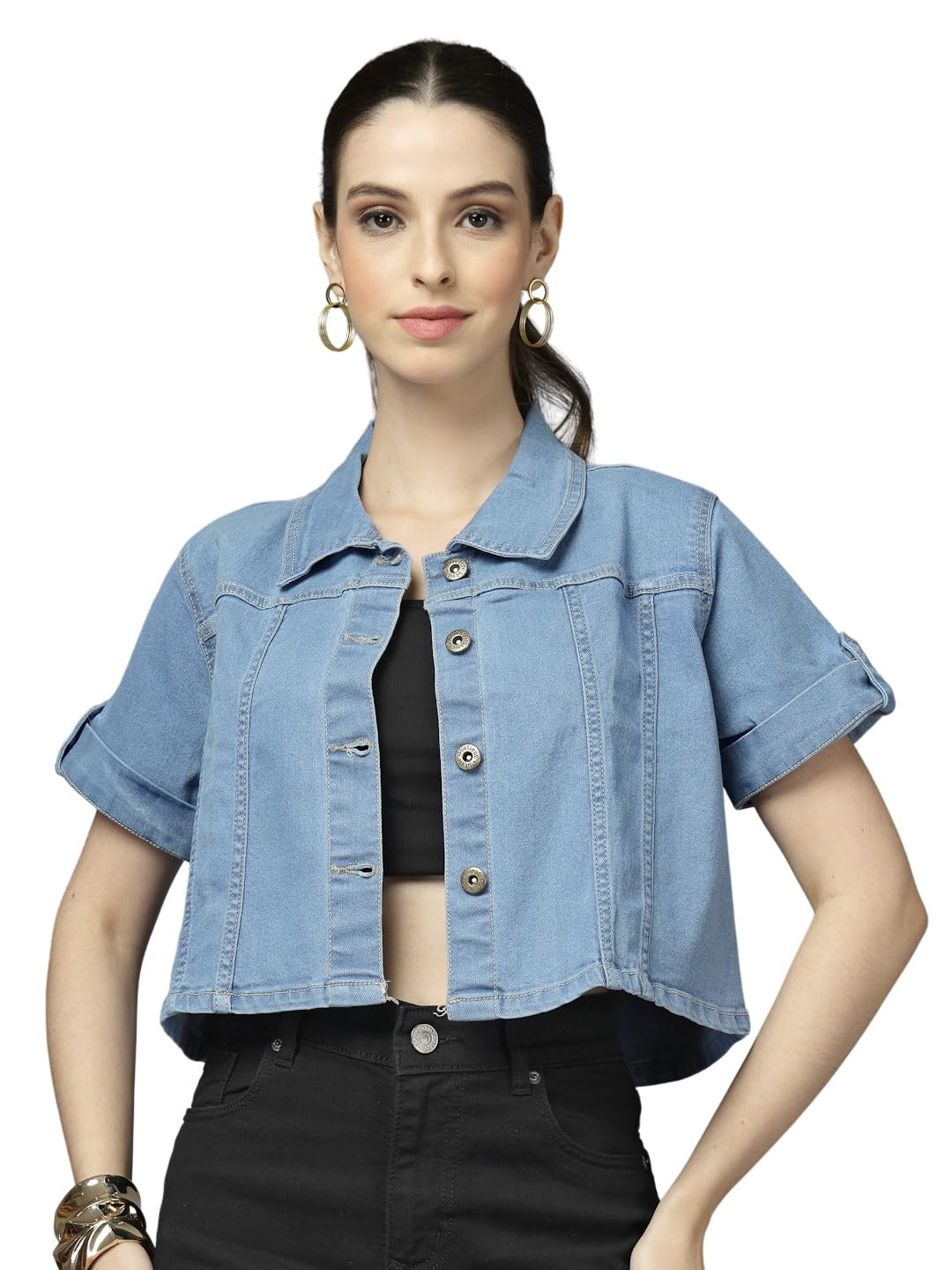 style quotient WOMEN LIGHT BLUE SPREAD COLLAR DENIM JACKET-picture-50