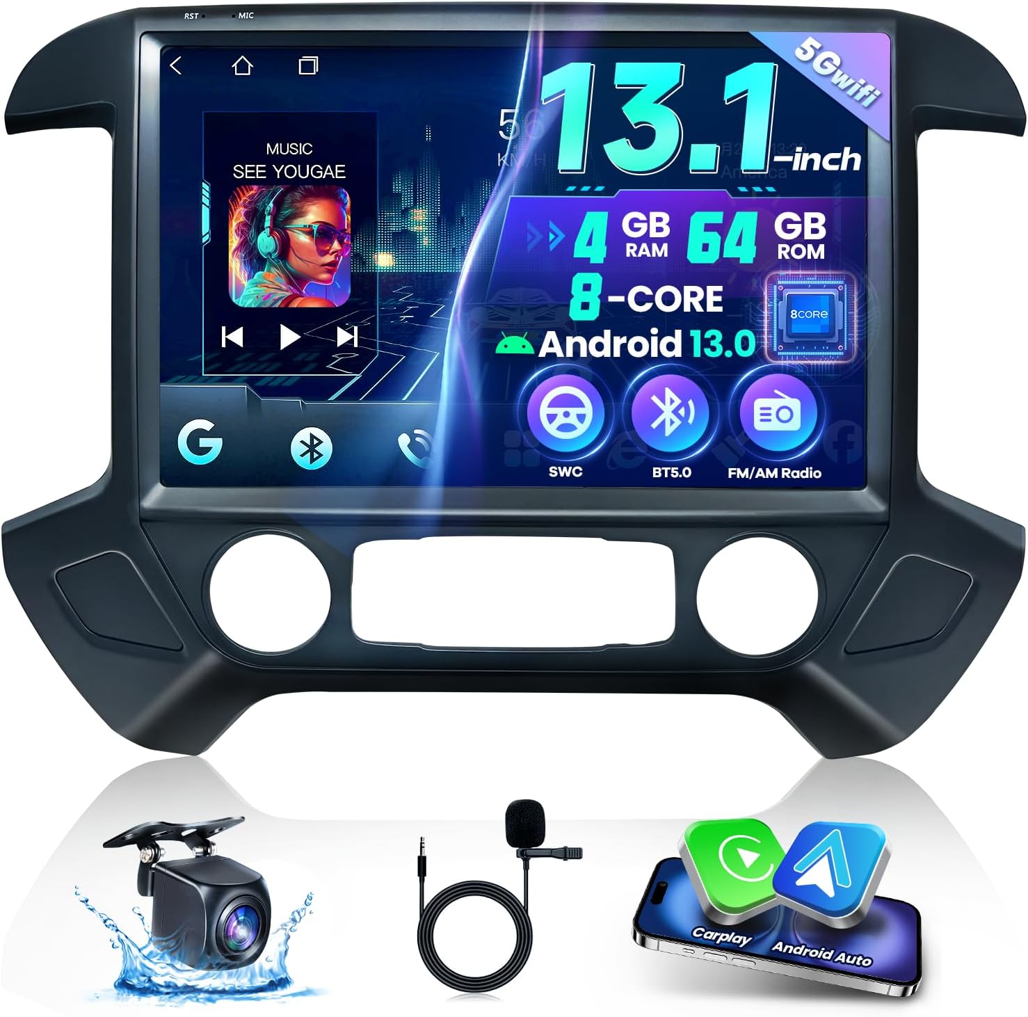 13.1 Inch 8 Core Car Radio for Chevy Silverado GMC Sierra 2014-2018 Android 13 Stereo Upgrade 2K Touch Screen for Silverado Head Unit Carplay Android Auto 5G WIFI SWC GPS 1080P Camera 4+64GB