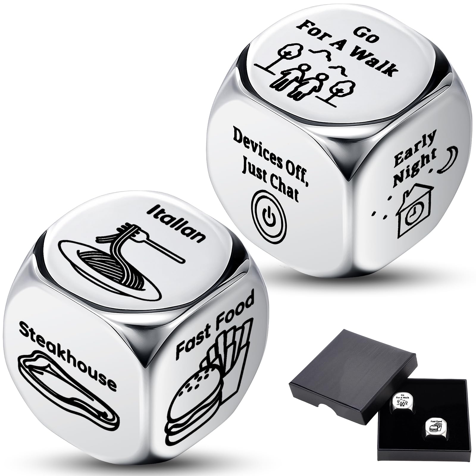 Poen 2 Pcs Food Decision Dice Game Decider Dice Valentines Day Gifts for Couple Anniversary Stainless Steel Dice for Him Her Stocking Stuffers Gifts for Women Men Adults Date Wedding Funny Gifts