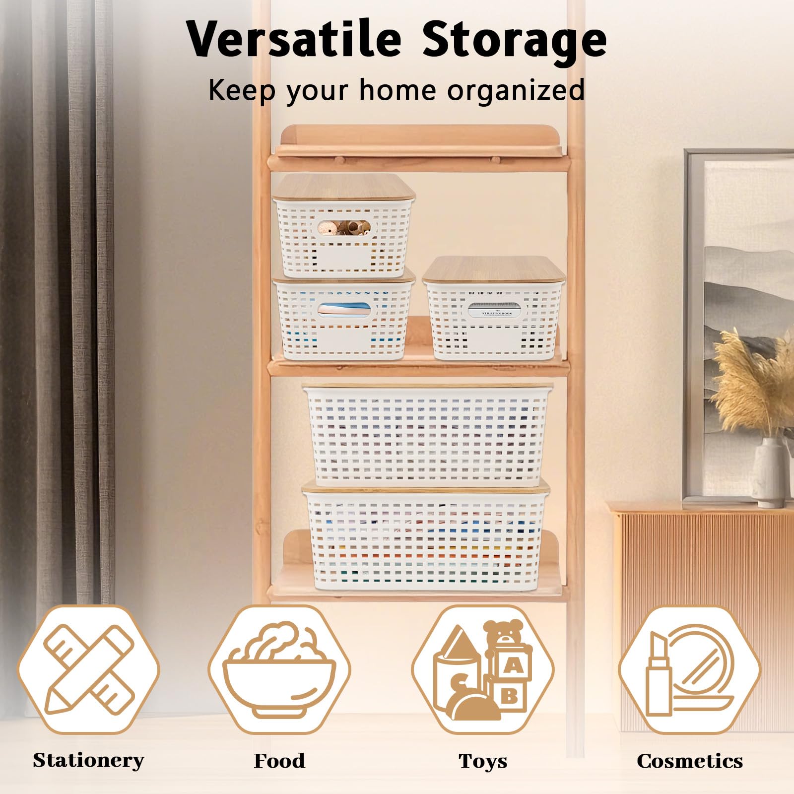 GAESHOW Juego de 6 cestas de almacenamiento de plástico con tapa de bambú, cajas de almacenamiento con asas, apilables para ahorrar espacio, color blanco, para baño, cocina, oficina y armarios