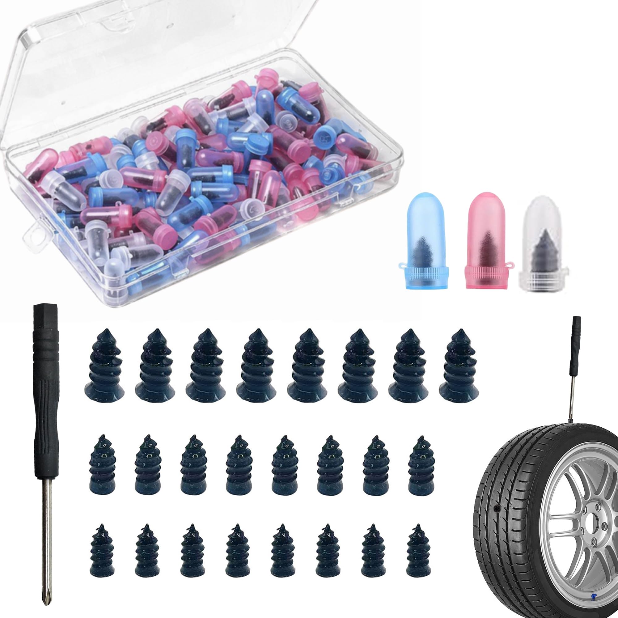 Mechioo Tyre Repair Screws, 3 Sizes(30 each size) Tyre Repair Kit