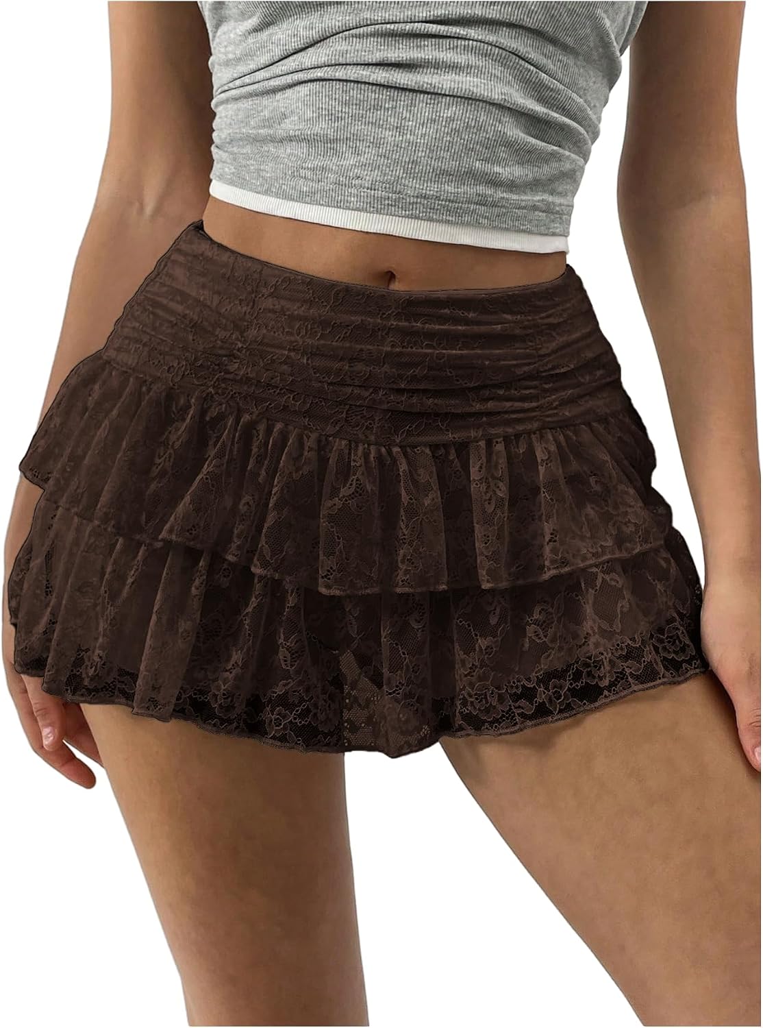 SHENHE Women's Y2K Lace Mini Skirt with Shorts A Line Hight Waisted Ruffle Skirt Skort