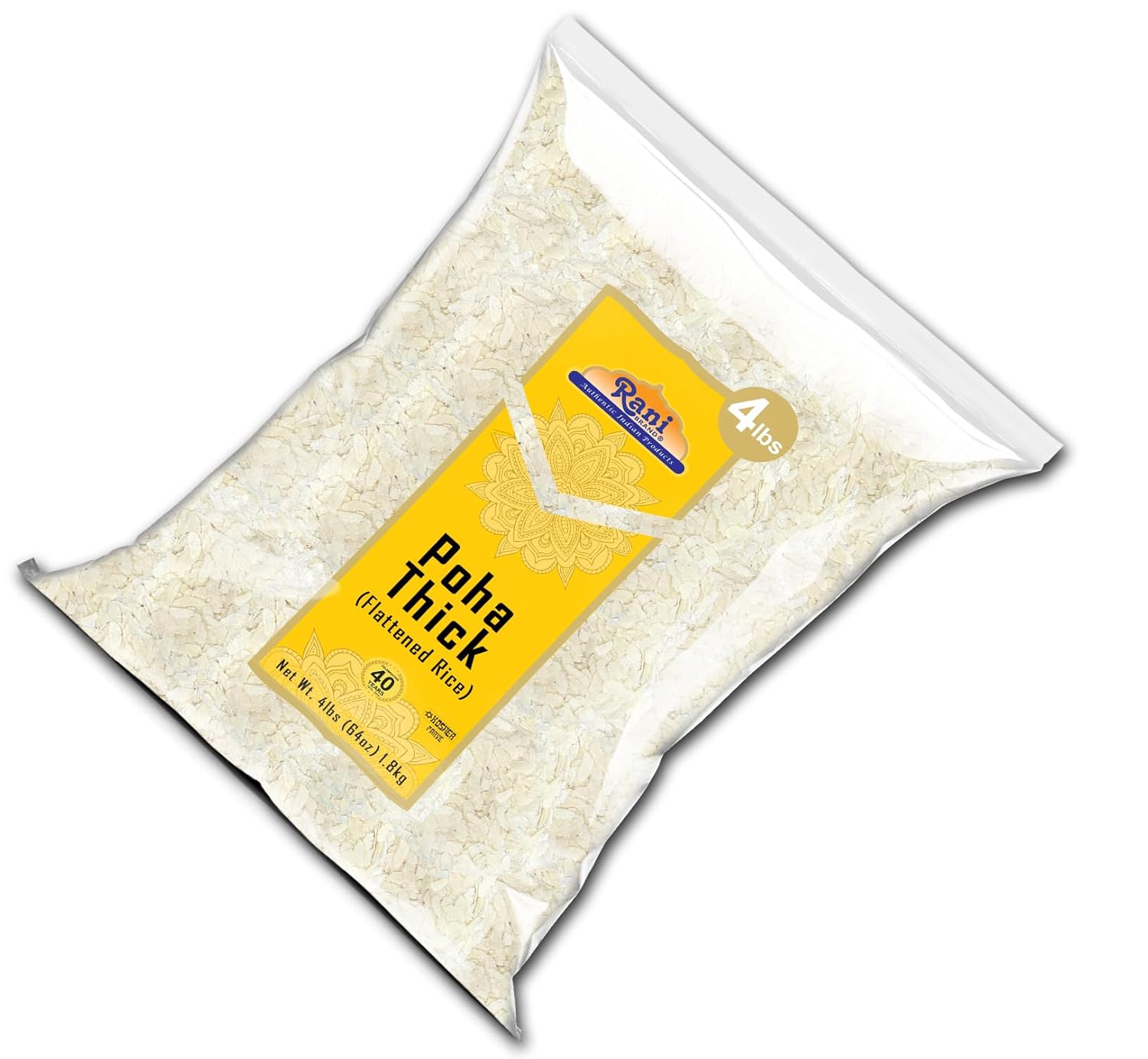 Rani Poha (Powa) Thick Medium-Cut (Flattened Rice) 64oz (4lbs) 1.81kg ~ All Natural, Salt-Free | Vegan | Kosher | No Colors | Gluten Friendly | Indian Origin (Pack of 2)