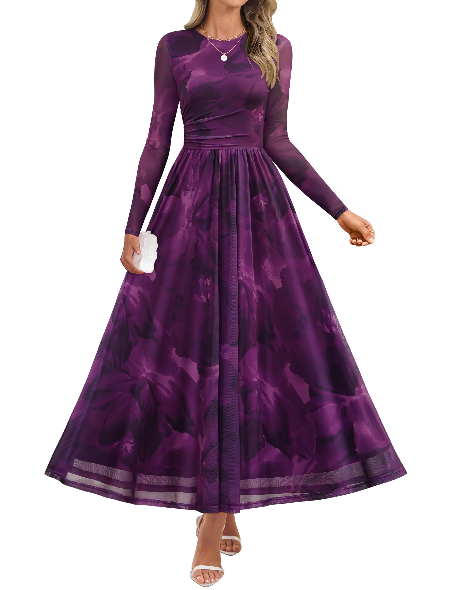 ZESICA Womens Maxi Dress 2026 Fall Long Sleeve Crewneck Floral Print Mesh Ruched Party Wedding Guest Dresses