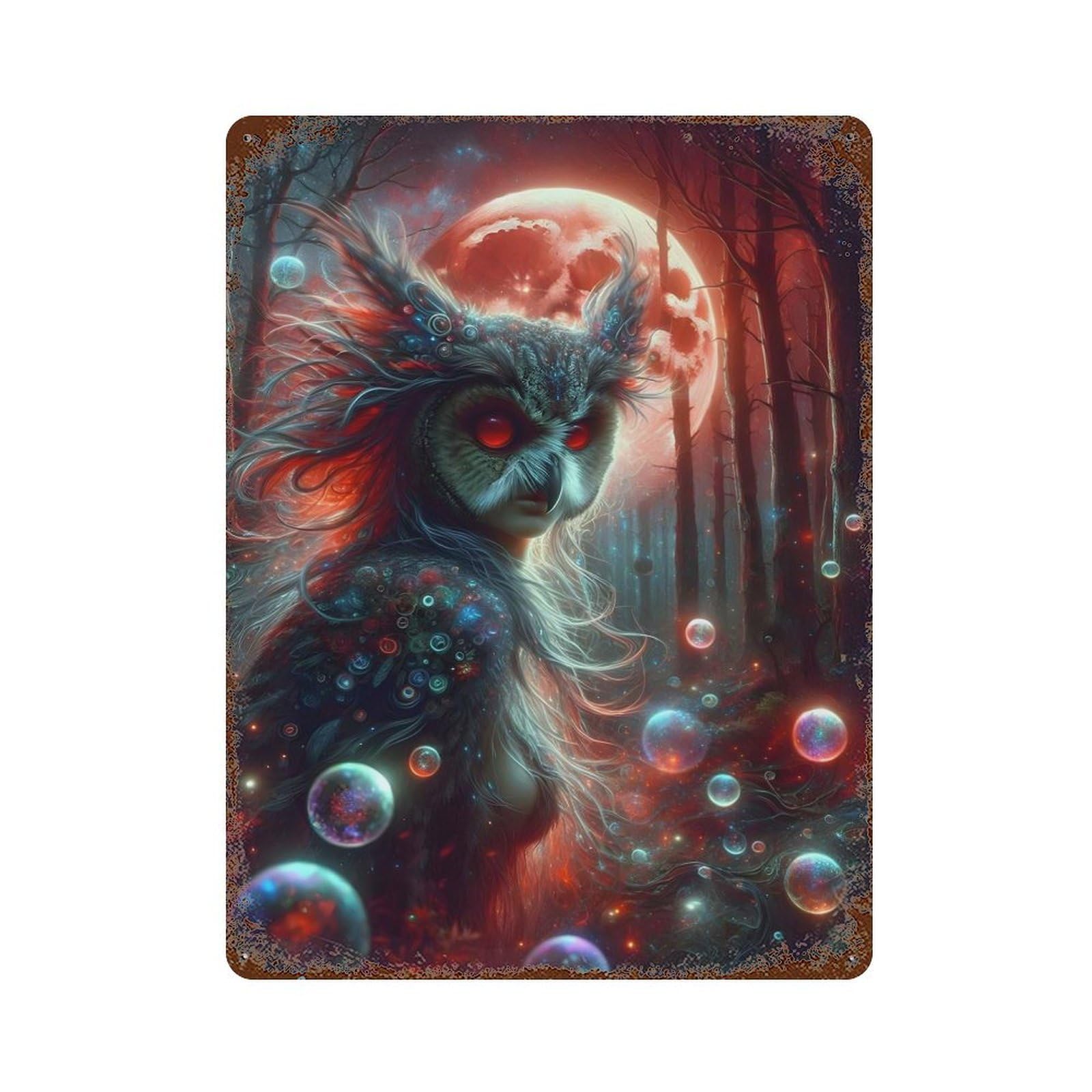 Mystical Owl Woman in Forest 15.7"x11.8" Vintage Rust Metal Sign, Shabby Chic Decor for Garage, Bar And Workshop Decor