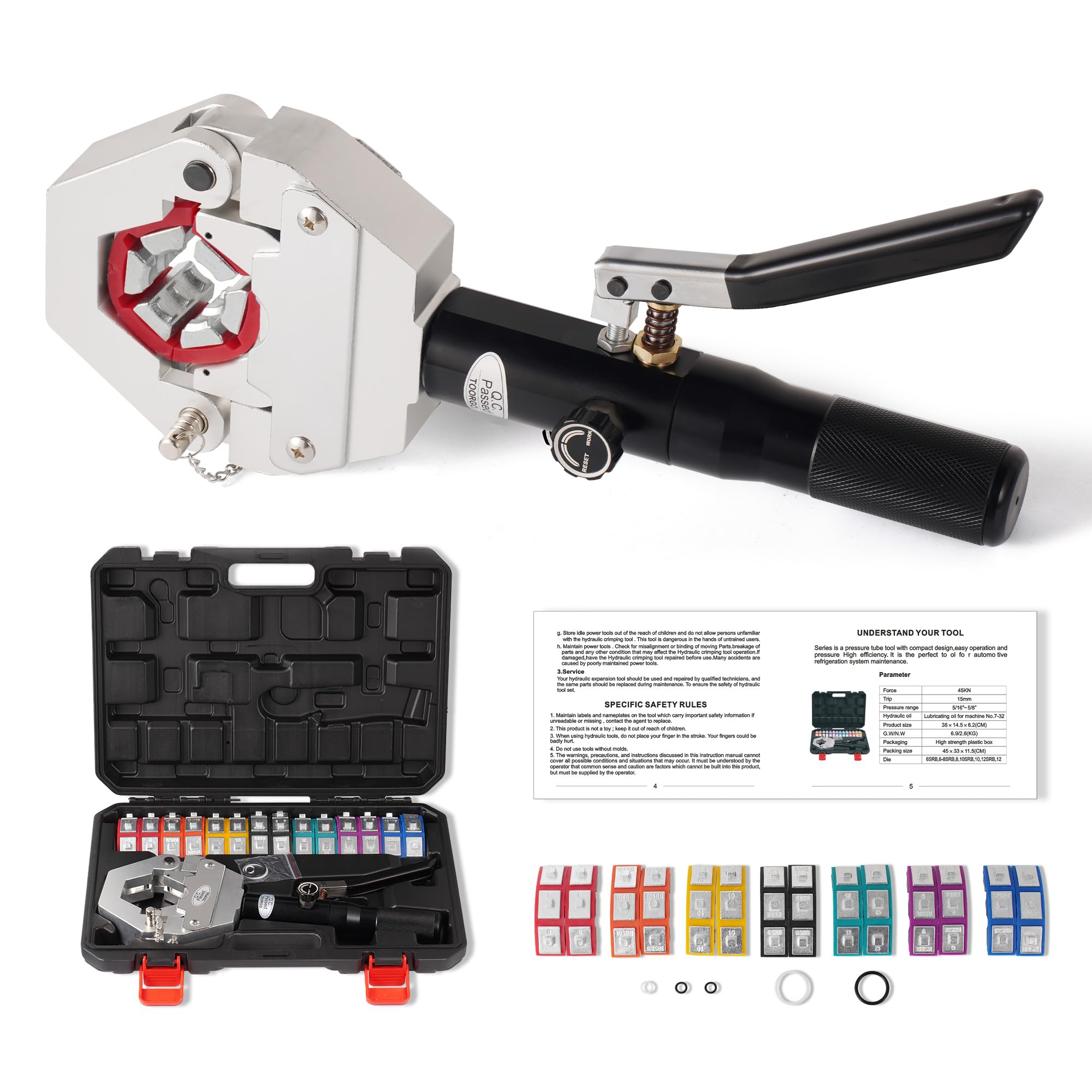 Kydra-Krimp 71500 - Kit de crimpadora manual de manguera de CA con 7 troqueles, herramienta de crimpado de reparación de aire acondicionado hidráulica para accesorios de CA y BH, Kydra-Krimp