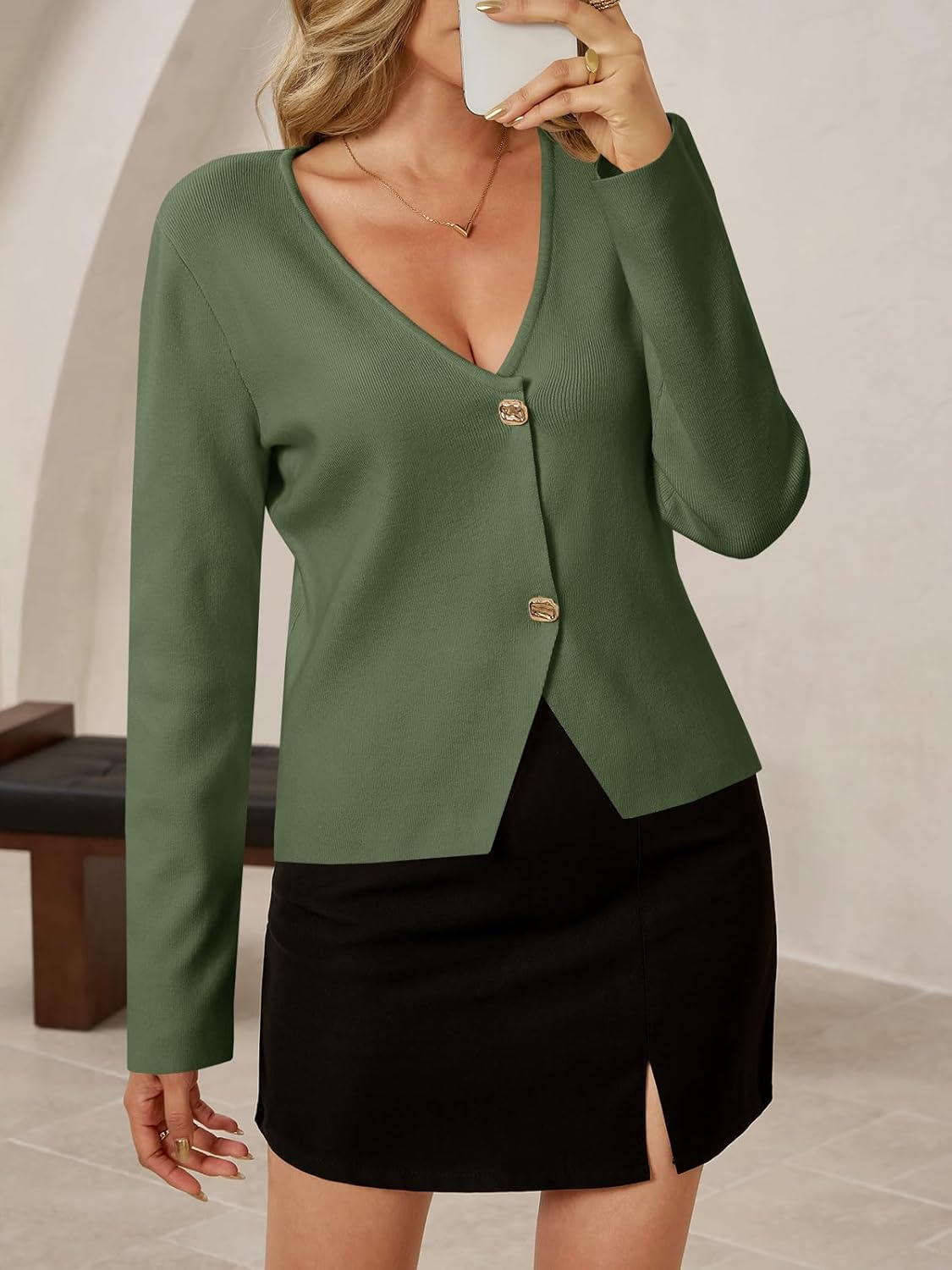 Saodimallsu Womens V Neck Cardigans Long Sleeve Button Down Cropped Knit Trendy Front Slit Dressy Casual Fall Sweater Blazers - Image 3