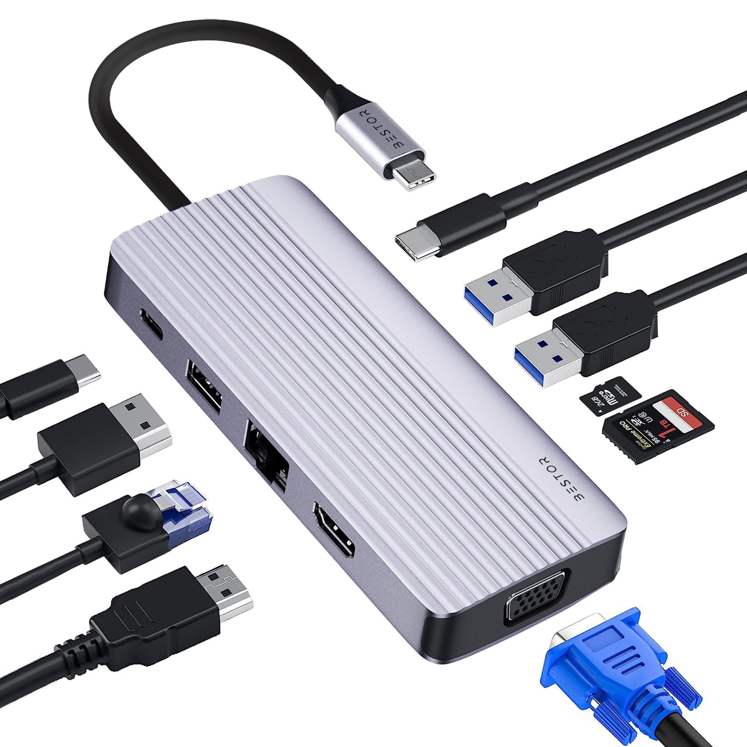 Bestor 10 in 1 USB C Hub| Laptop, Multiports USB 3.0 Upto 5Gbps, Certified HDMI 4K 60Hz VGA 1920 X 1080P 60 Hz, RJ45 10/100/1000Mbps with USB C (PD Upto 87W Power Charger, Card Reader Upto104Mb/s