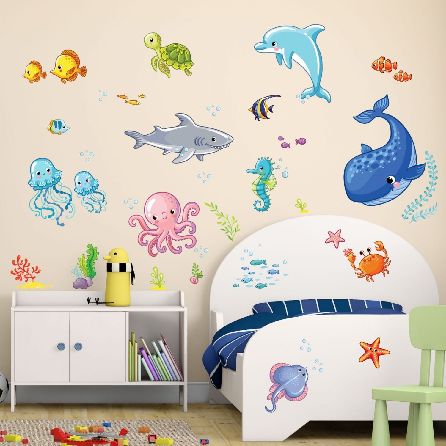 nikima - 078 Wandtattoo Wasserwelten Kinderzimmer Wal Delfin Fische Hai - in 6 Größen - niedliche Kinderzimmer Sticker und Aufkleber süße Wanddeko Wandbild Junge Mädchen Größe 1500 x 840 mm