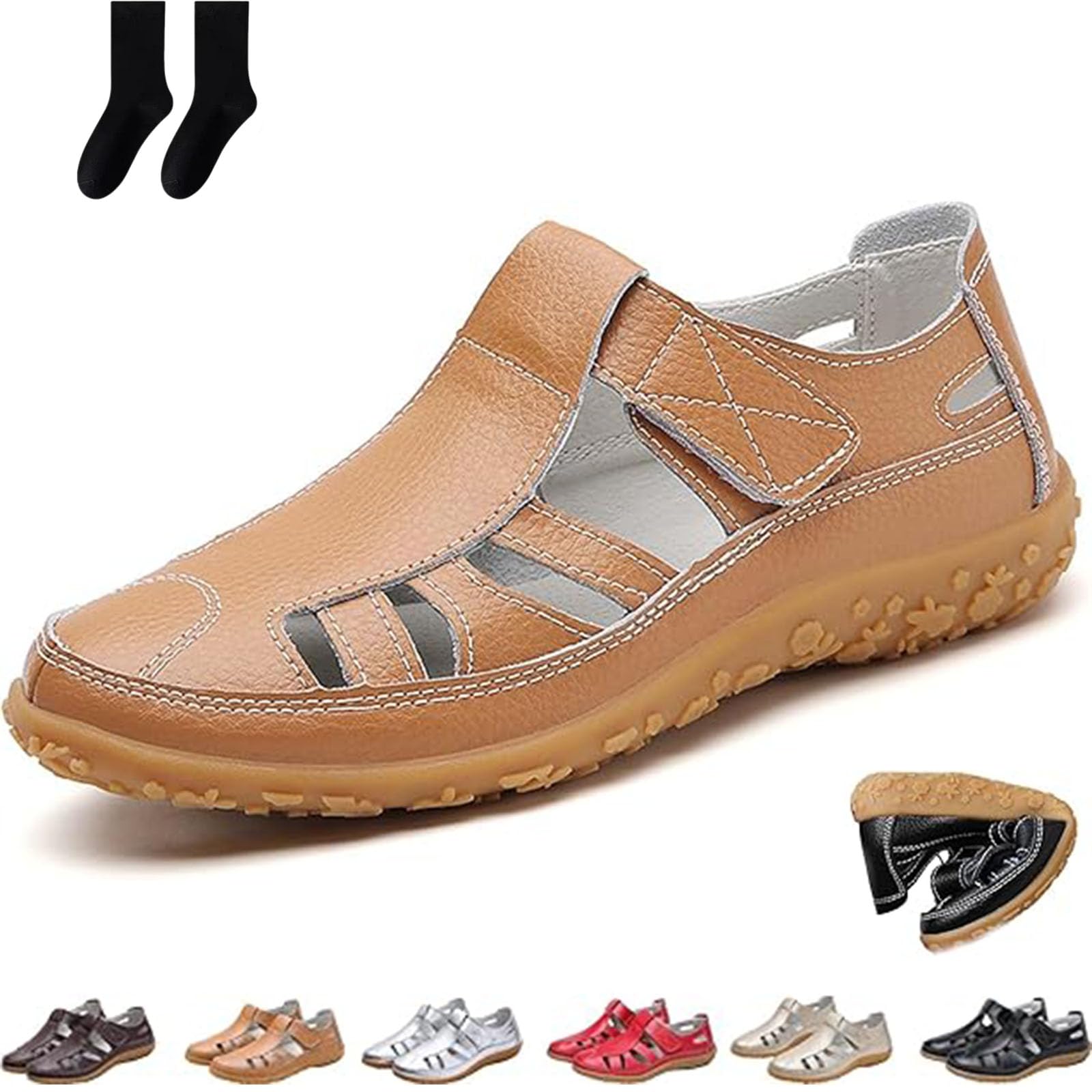 Sandalias de punta cerrada para mujer, sandalias ortopédicas de pescador de verano, con gancho y bucle, de piel retro, antideslizantes, estilo bohemio, gladiador, para caminar, playa