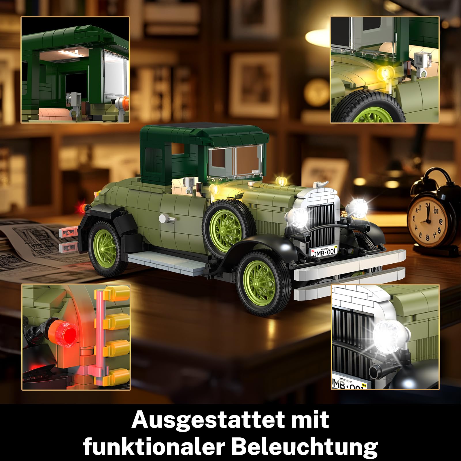 JMBricklayer Retro Auto Modellbau für Erwachsene mit Licht, 50001 Vintage Modellauto Bausätze, Oldtimer Car Sammler Ausstellungsset Dekorationen, Bausteine Geschenke für Fans Klassischer Fahrzeuge