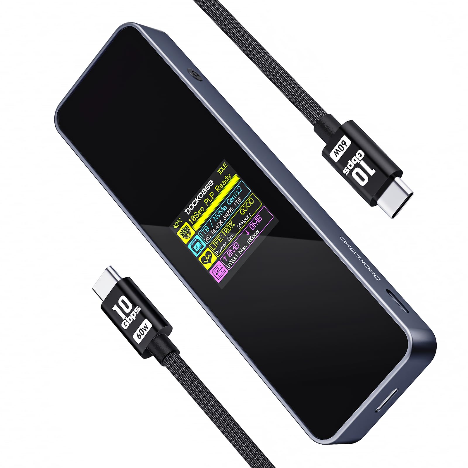 DOCKCASE Visual Smart M.2 NVMe SSD Enclosure,Support 10s PLP Prevents Write Data Loss,USB 3.2 Gen 2 Type-C (10 Gbps),fits NVMe PCIe Size 2230/2242/2260/2280,Support M-Key B+M Key UASP(PLP-10s)