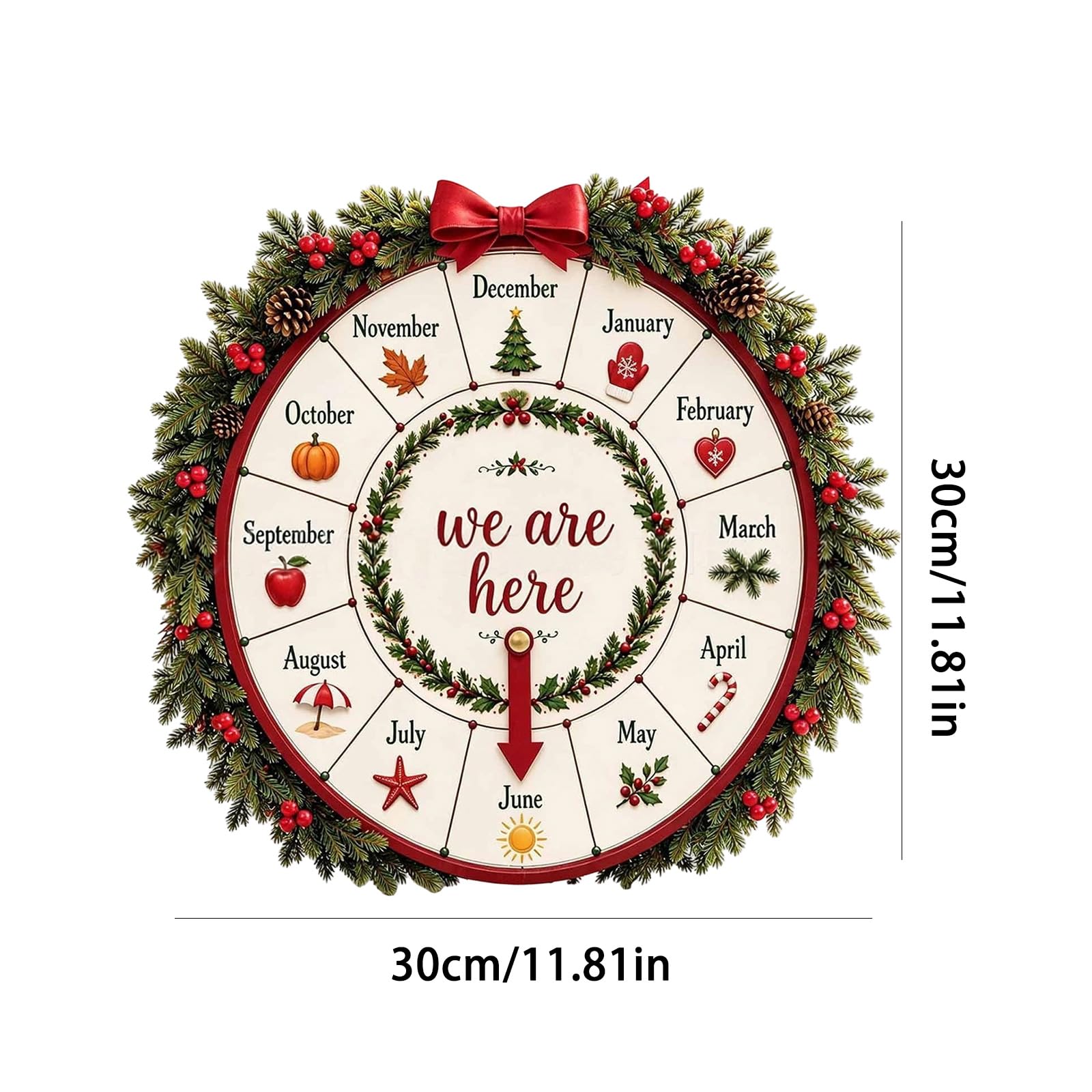 Rueda de cuenta regresiva de madera para decoración de navideña con puntero móvil, acento gráfico navideño en para estante, repisa, entrada, decoración de rueda de Adviento, cartel de de
