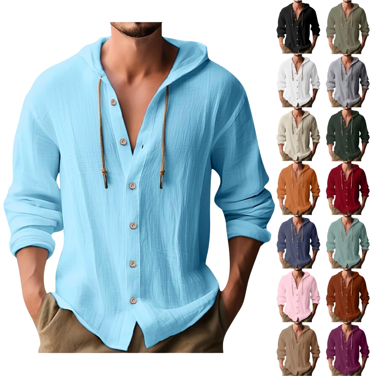 Linen Shirts for Men Casual Long Sleeve Button Down Shirt Lightweight Summer Beach Vacation Tops Fall Fashion Hoodies