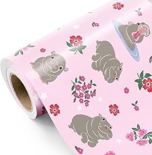 WRAPAHOLIC Hippo Flower Wrapping Paper Roll - Mini Roll - 17 Inch x 16.5 Feet - Pink Floral and Cartoon Hippo Wrapping Paper for Birthday, Baby Shower, Wedding, Bridal Shower