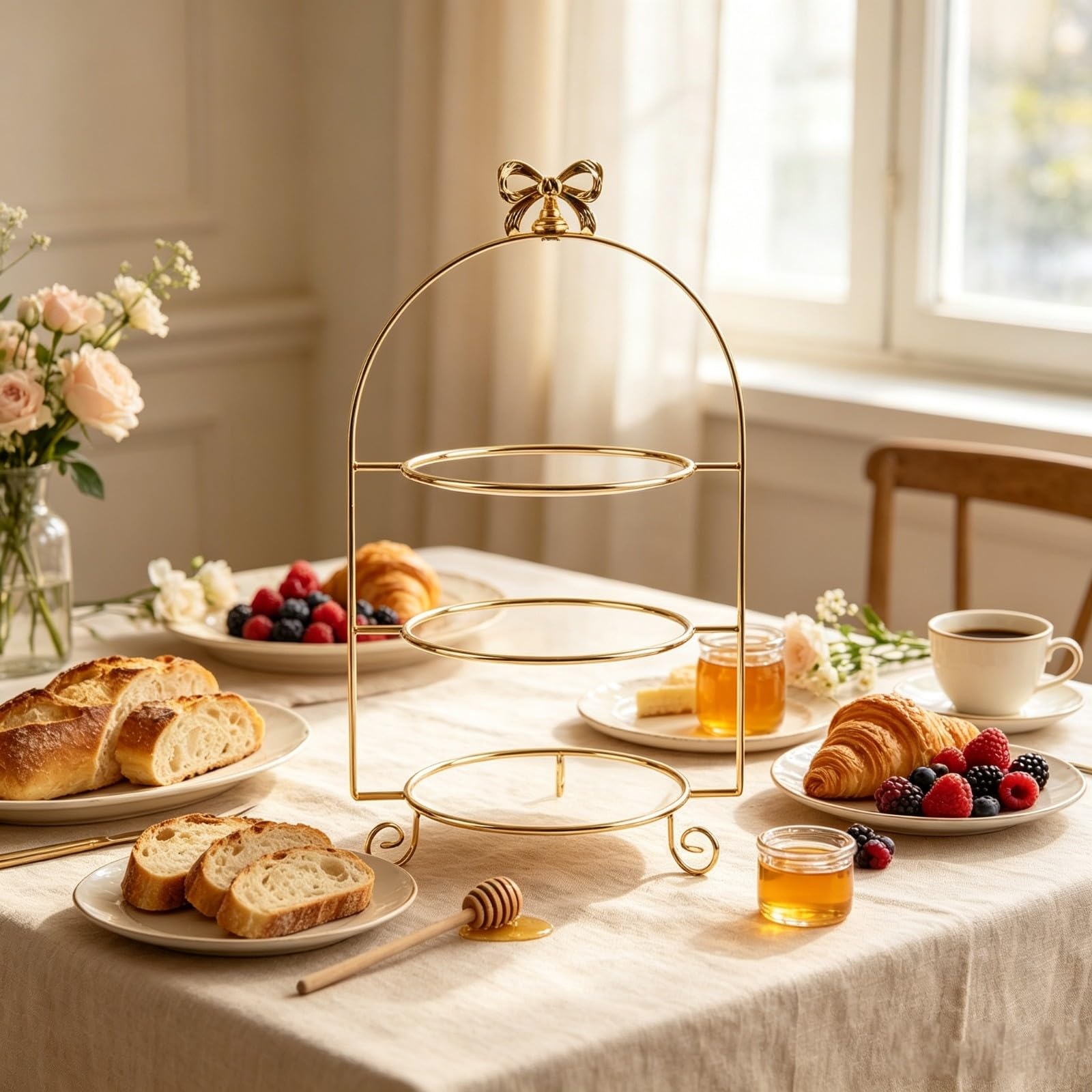 Elegant Etagere mit DREI Ebenen | Etagere mit keramikplatten, platzsparend, für teestunde, Gold