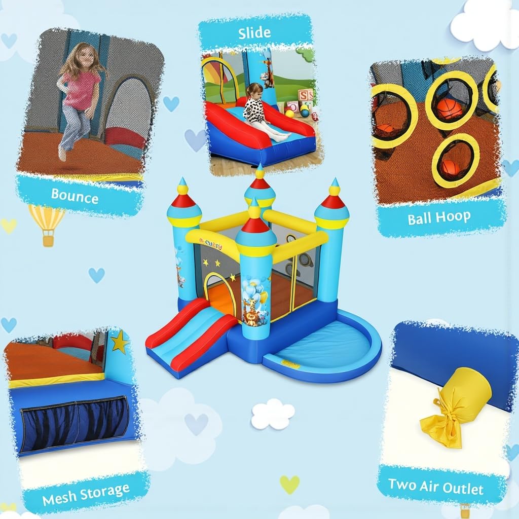AKEYDIY Castillo Hinchable con Tobogán y Piscina de Bolas 310 x 265 x 215 cm, para Niños de 3 a 10 Años, para Interior/Exterior (Azul con Piscina)