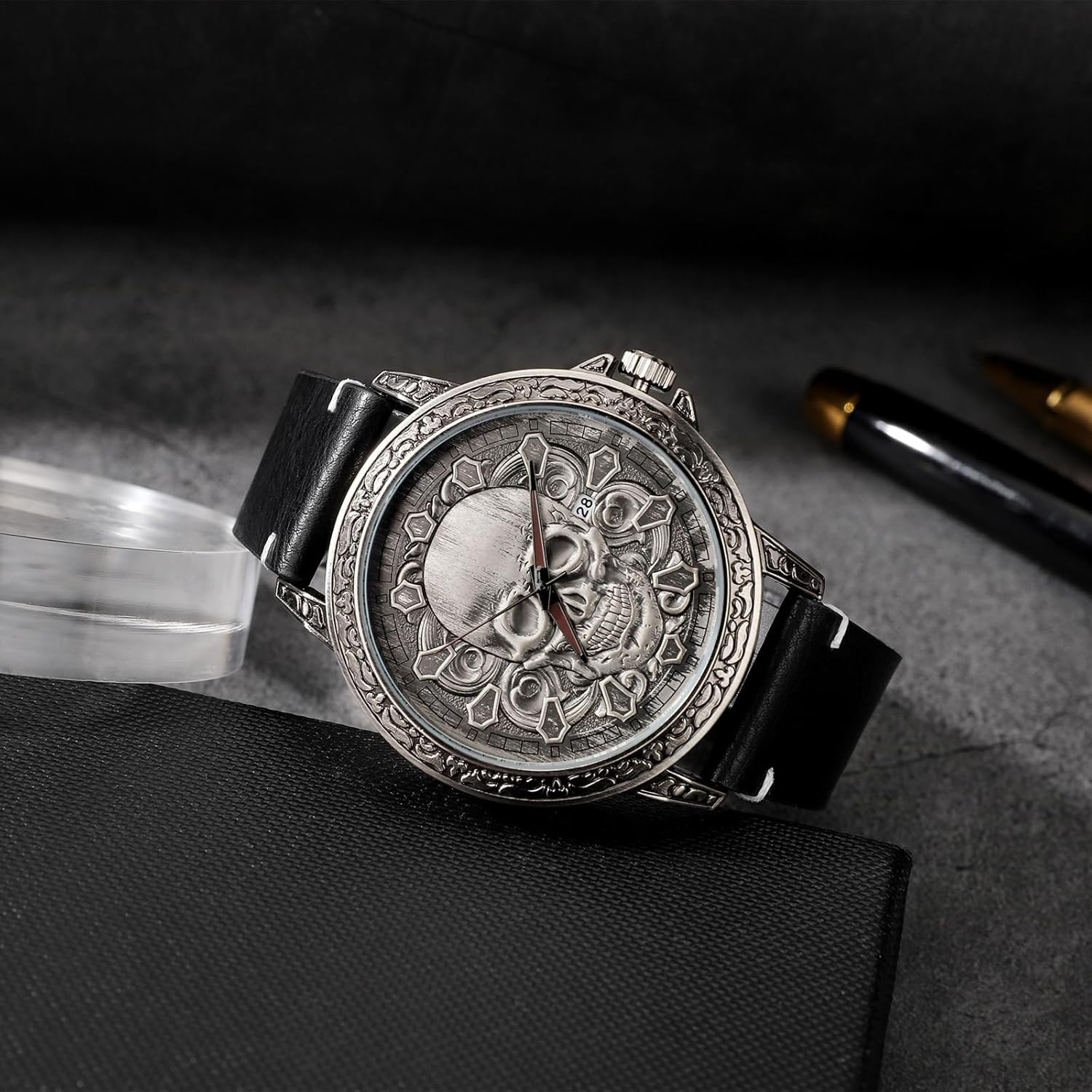 Reloj de pulsera casual de Halloween con diseño de calavera para hombre, correa de piel auténtica, caja de regalo
