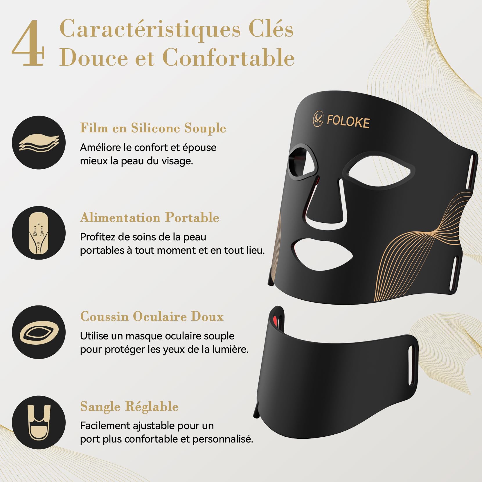 FOLOKE Masque LED de Luminothérapie Visage et Cou, LED à Lumière Rouge et Infrarouge, Masque Facial LED pour Soin du Visage à Domicile (Noir)