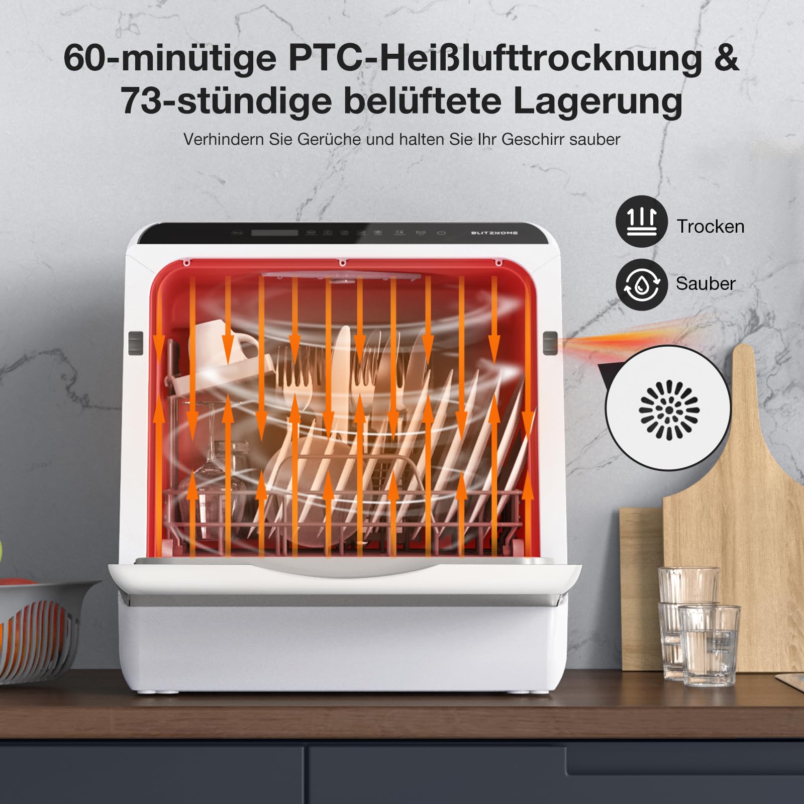 BLITZHOME Mini Spülmaschine, 6 Programme Tragbarer Tischgeschirrspüler mit 5L Wassertank, App Steuerung, Trockenfunktion