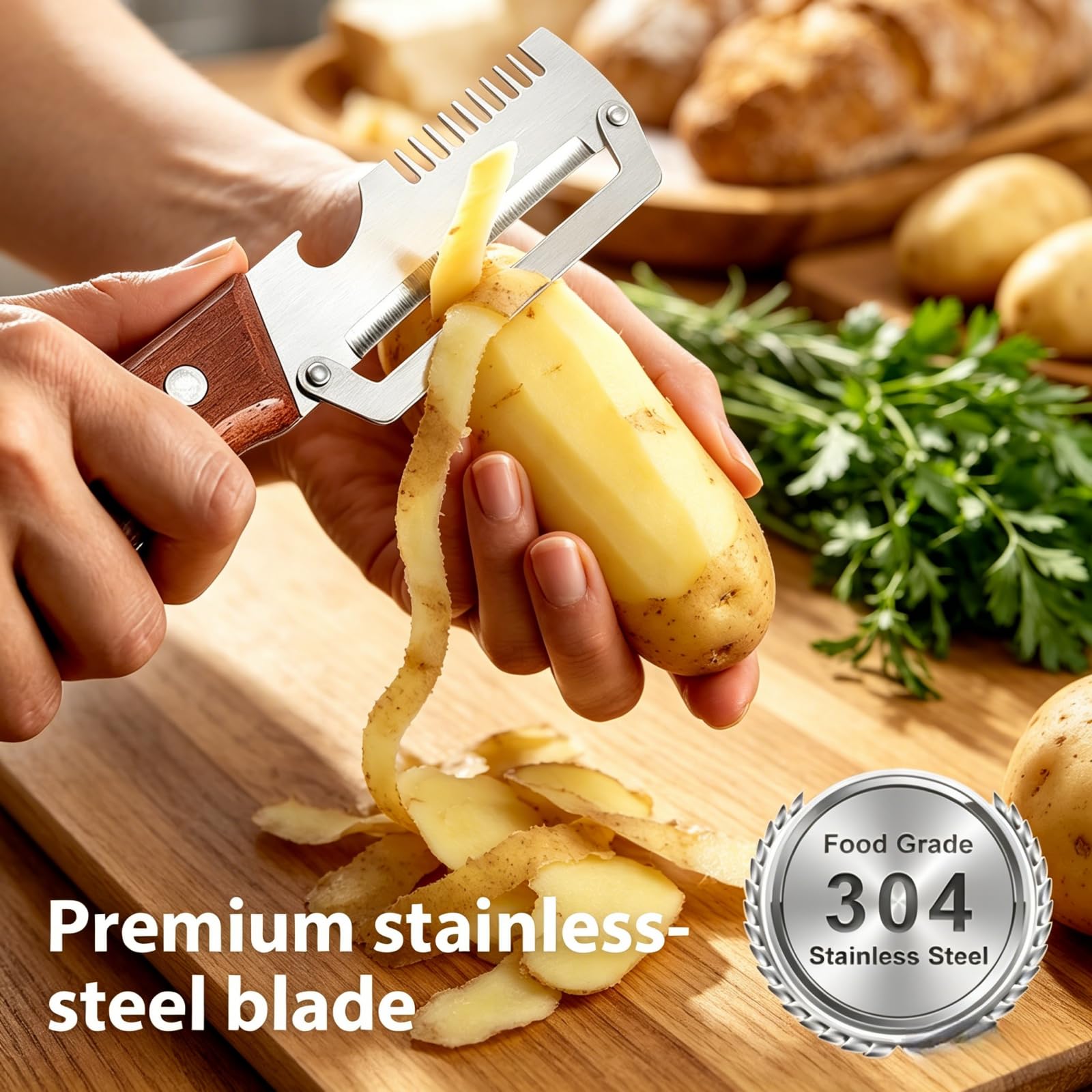 NEW Premium Vegetable Peeler with Wooden Handle and Bottle Opener: 2-in-1 Stainless Steel Kitchen Tool for Fruit Apple Potato Pumpkin Papaya (1Pack) — view 4