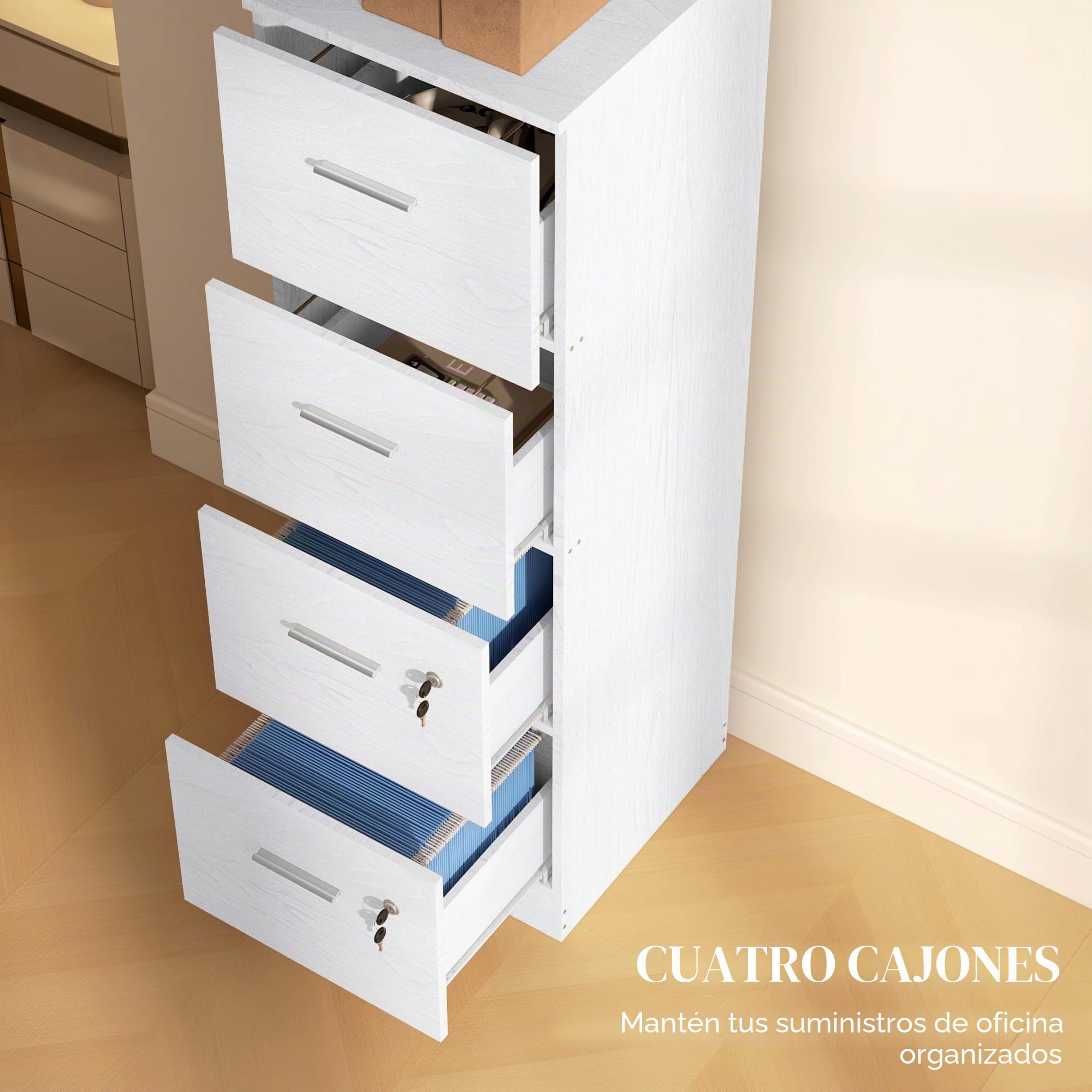HOMCOM Archivo, 4 cajones, archivador vertical, efecto madera de fresno