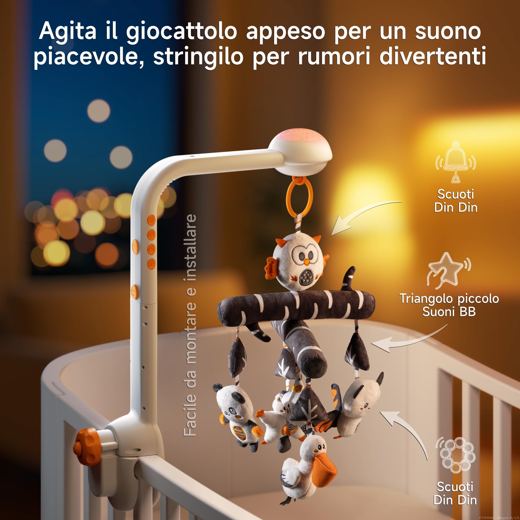 TUMAMA Giostrina Culla Neonato, 3 in 1 carillon giocattolo con Rimovibile Pendente, Proiezione Luce Notturna, Musica e Rumore Bianco, Baby Mobile Giocattoli per Neonati 0 2 3 6 Mesi Regalo di Natale