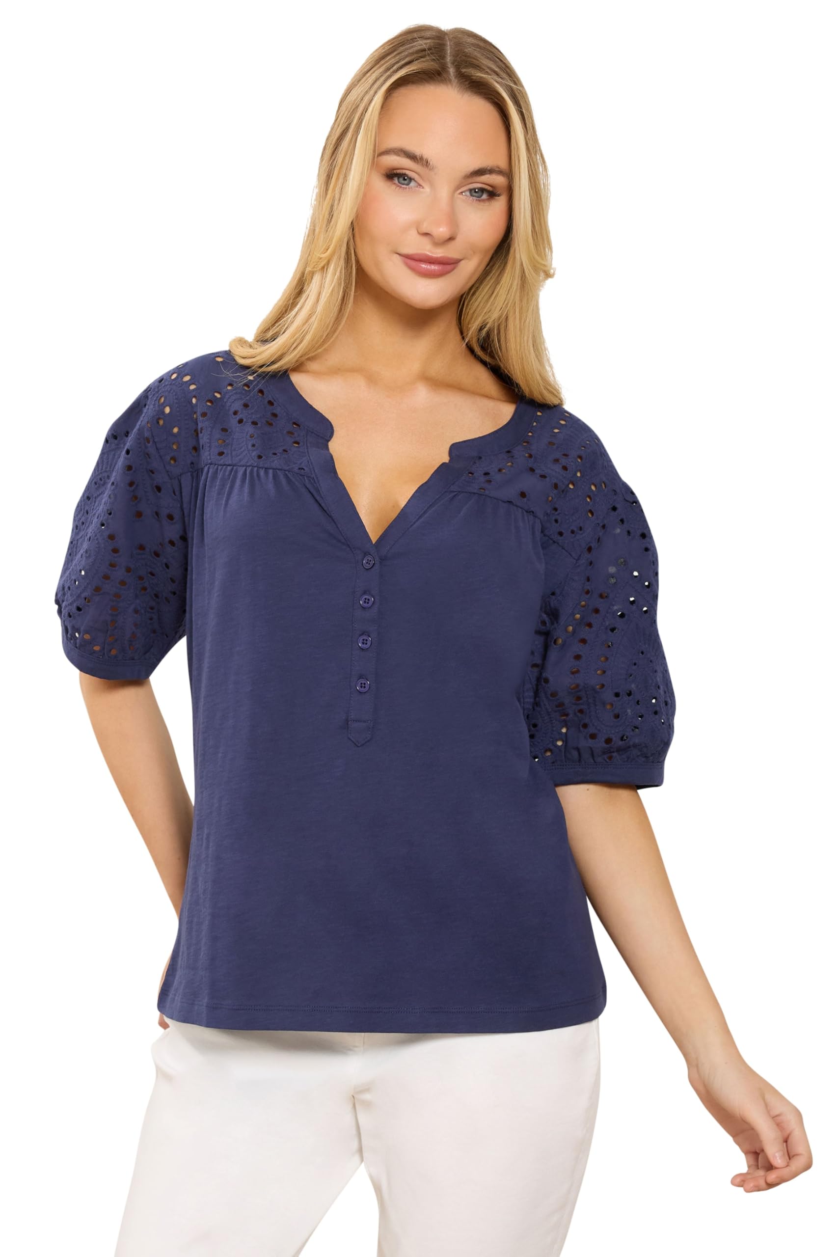 M&Co Berry Purple Broderie Cotton Half Placket Top - Women's