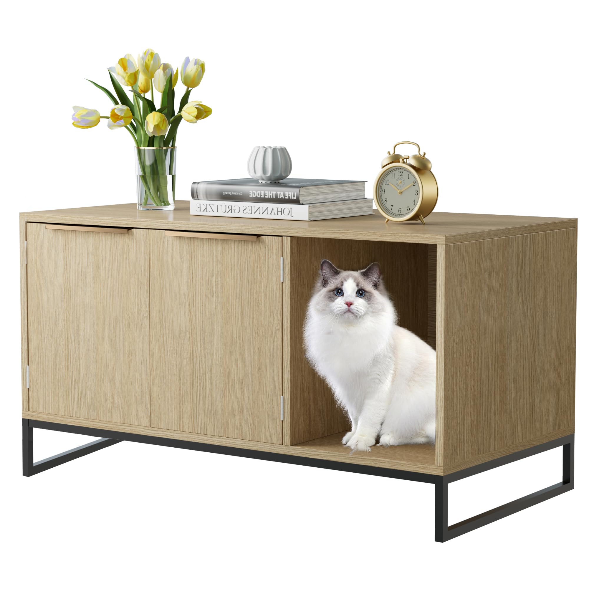 Large Cat Litter Box Enclosure Furniture, Hidden Cat Litter Box Furniture, Kitty Litter Box Cabinet Cat Washroom Indoor Cat House as Side Table,White Oak…