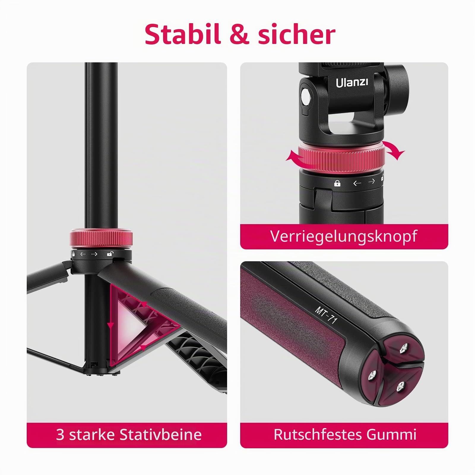 146cm Selfie Stick Stativ Kamera Action Kamera, ULANZI MT-71 Ausziehbar Selfie Stick Stativ Kompatible mit One XR/RS/GO 2 DJI Action