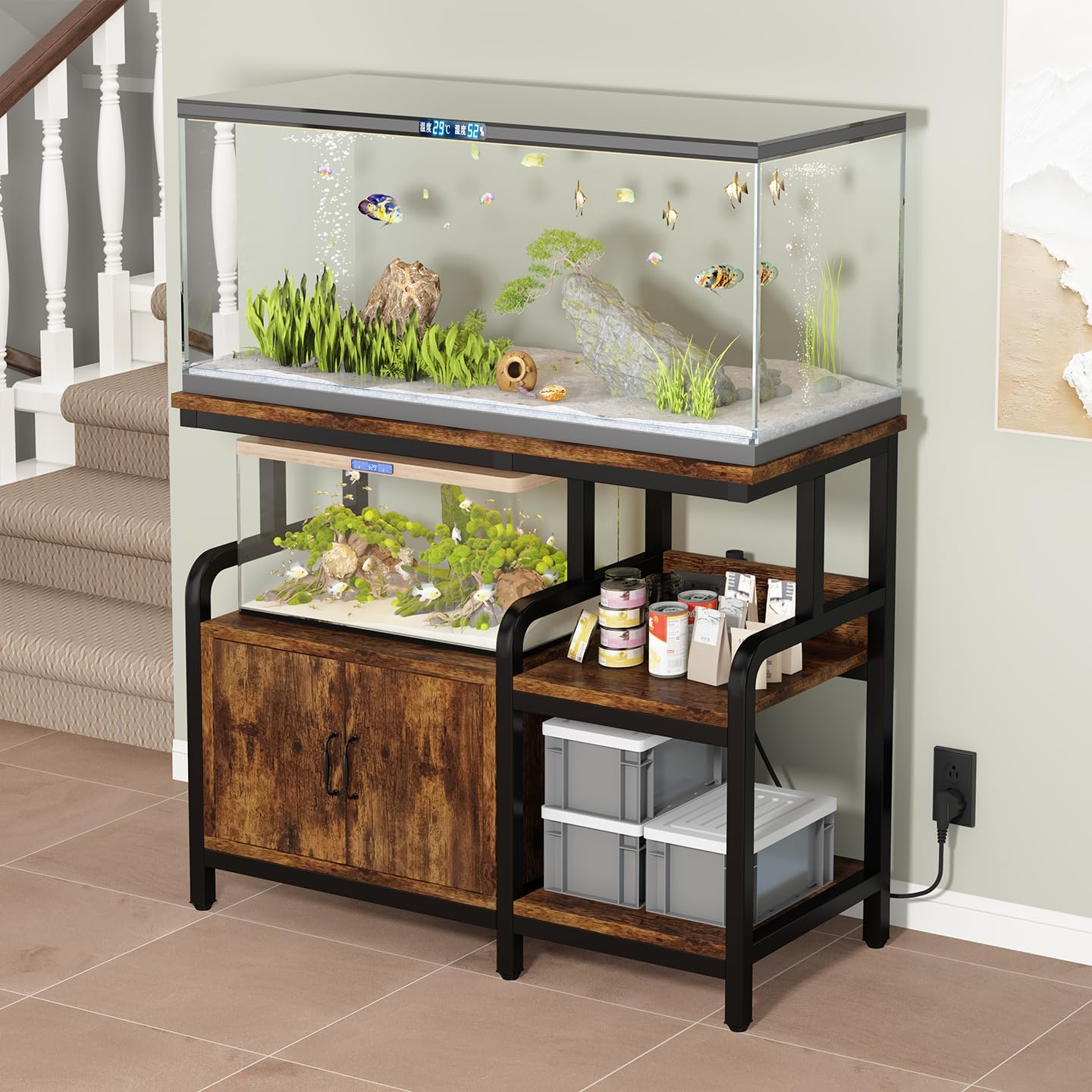 Multi-Tier Aquarium Stand for 20–37 Gallon Fish Tanks, Heavy-Duty 29/30/40 Gallon Fish Tank Stand with Storage Cabinet, Curved Safety Frame, Steel Frame 750 lbs Capacity, Reptile & Terrarium Tank Stand for Home Office