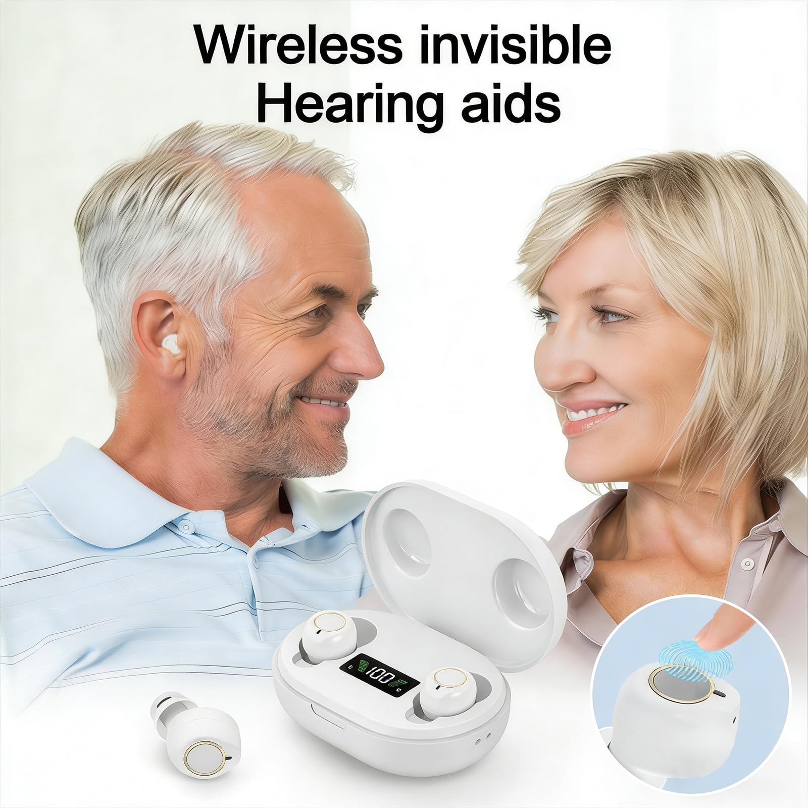 Dispositivo audio ricaricabile per anziani e adulti, dispositivo audio digitale con auricolari in-ear leggeri da 3,2 g, accensione anti ululo, comandi touch e custodia di ricarica LED (bianco)