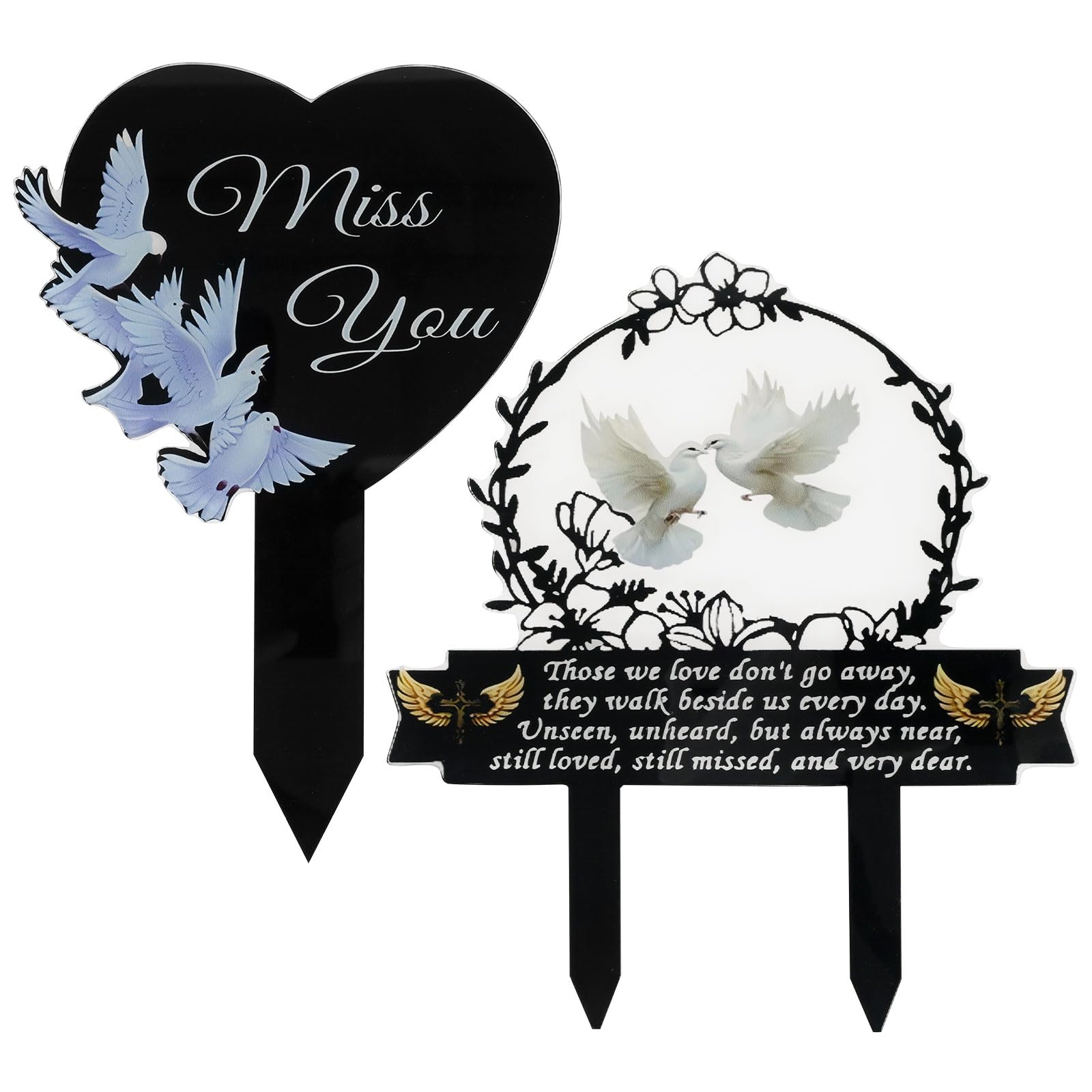 2Pcs Grave Ornaments, Heart Dove Memorial Plaques & Cemetery Garden Stake