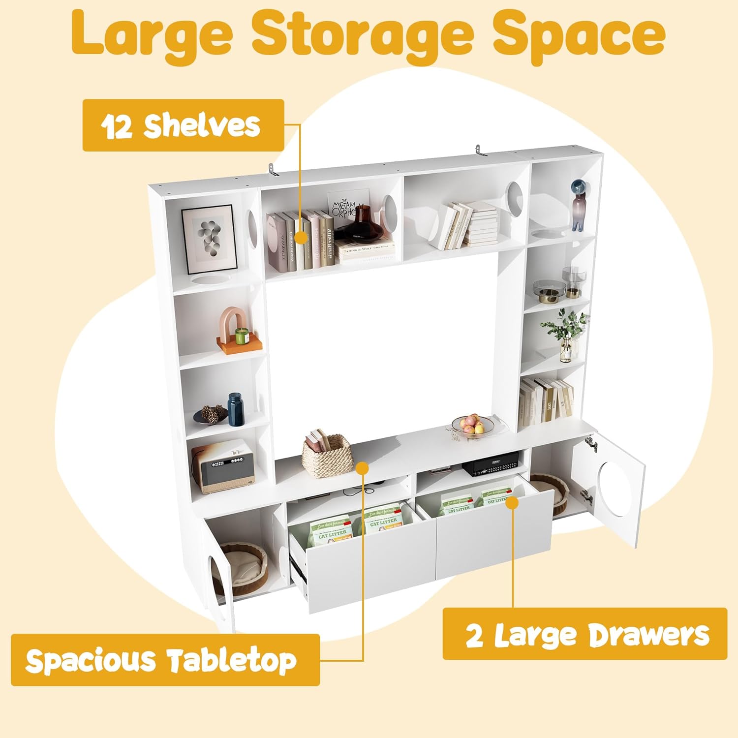 review Cat House Condo with Shelves & Drawers,Indoor Wooden Hidden Cat Tree with Door Storage Cabinets,TV Stand Entertainment Center Console, Bookshelves,White
