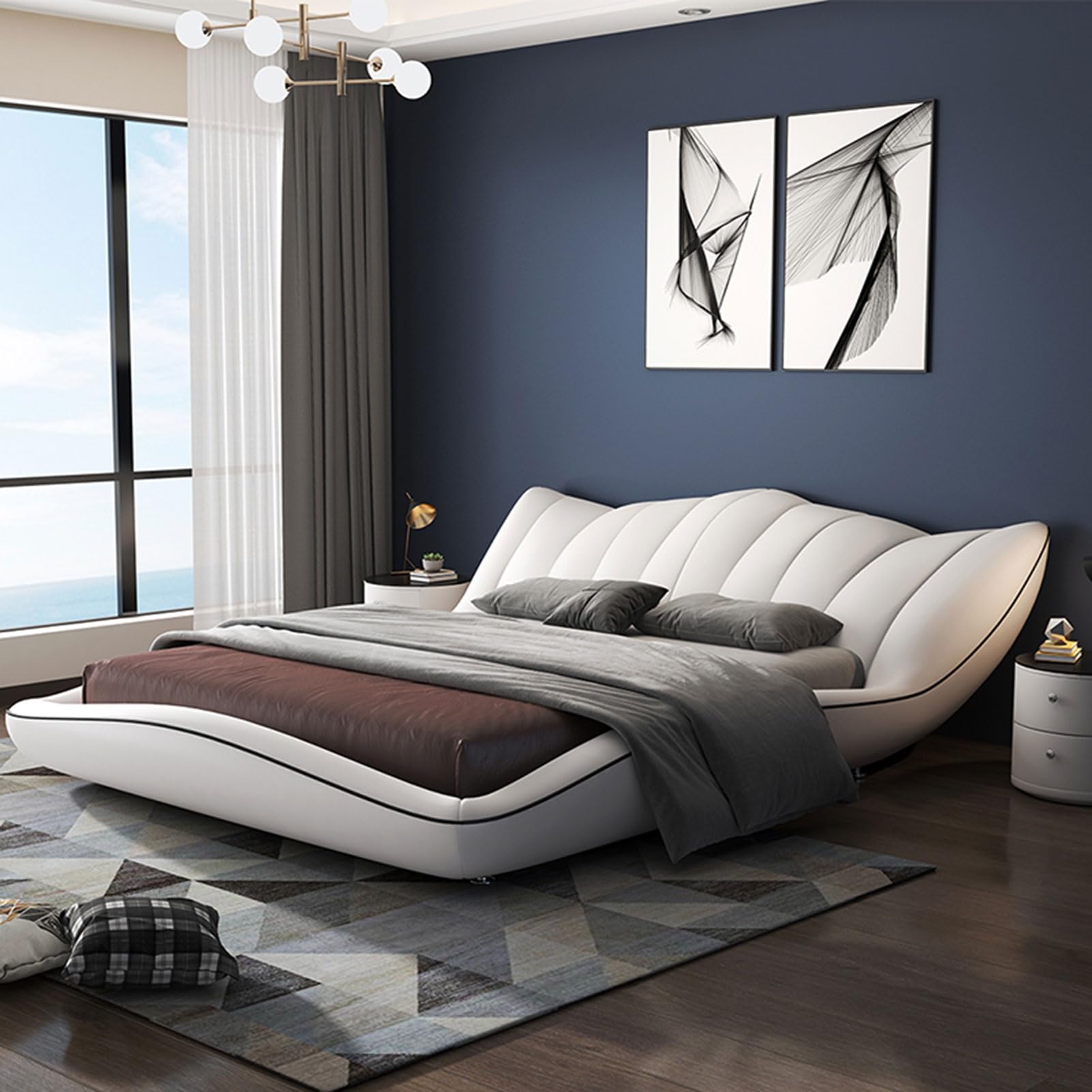 King Size Mid-Century Upholstered Platform Bed Frame with Wingback Headboard and Lift Up Storage Strong Wooden Slat Support