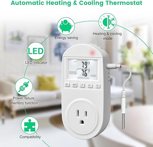Miniatura 2 de Salida controlada por temperatura de refrigeración de calefacción, salida de termostato briidea compatible con aire acondicionado de ventana,