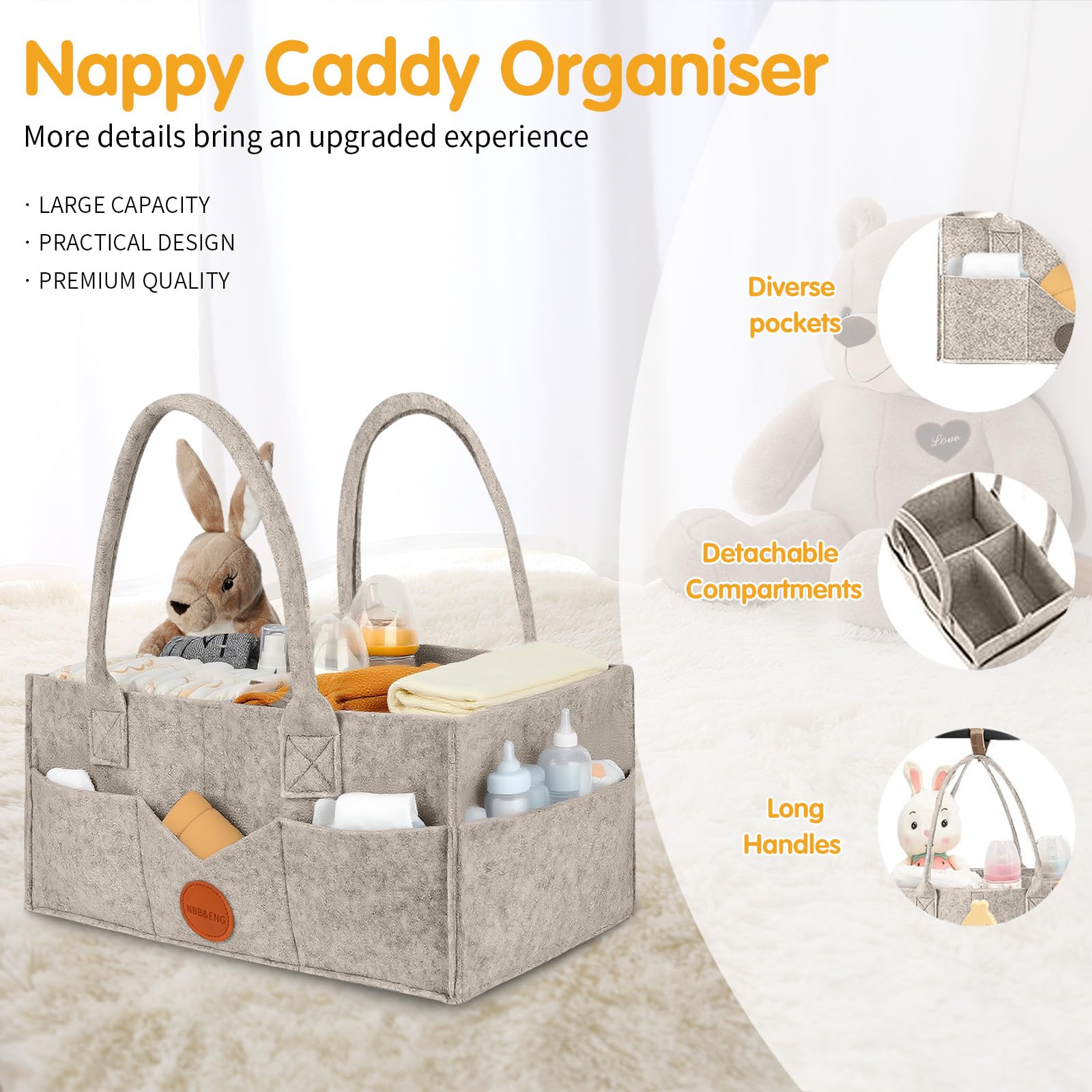 Baby Essentials for Newborn Nappy Caddy Organiser Baby Shower Gifts with Long Handles Detachable Compartments - Image 2